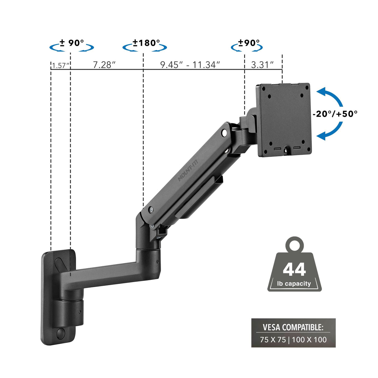 Heavy-Duty Monitor Wall Mount with Gas Spring Arm shown in matte black, featuring adjustable arm lengths from 1.57 to 11.34 inches, supporting tilt from -20° to +50°, swivel ±90°, and rotation ±180°, designed for monitors up to 44 pounds and compatible with VESA 75x75 and 100x100 mounting standards, ideal for ergonomic and space-saving setups.