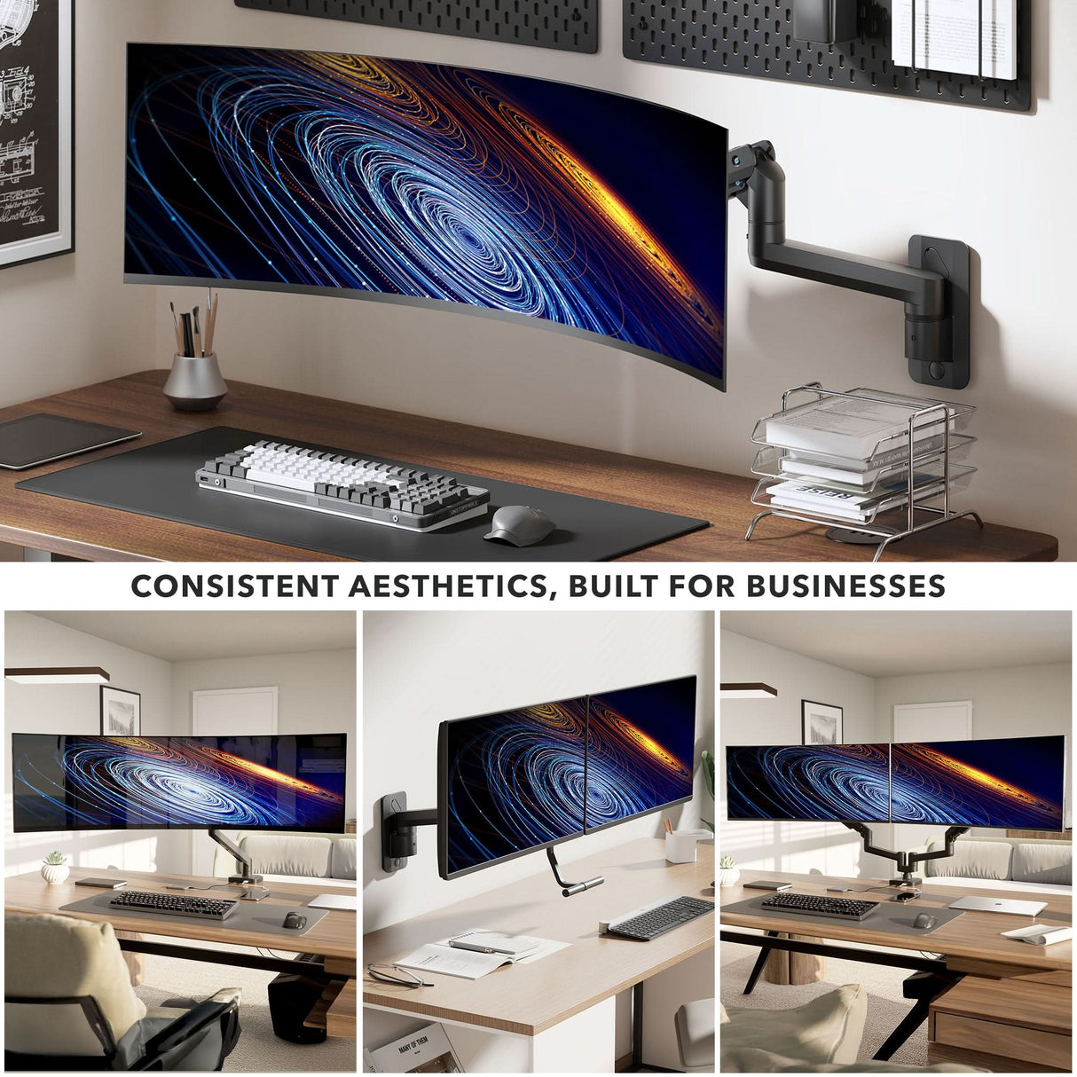 A sleek office features a large monitor on the Mount-It! Heavy-Duty Monitor Wall Mount with Gas Spring Arm above a minimal wooden desk, creating an ergonomic setup with keyboard, mouse, accessories, and three smaller images showing workspace angles.