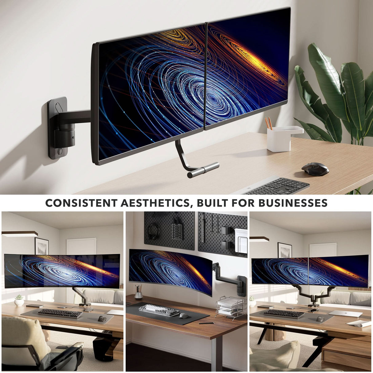 The Mount-It! Dual Monitor Wall Mount with Gas Spring Arm and Crossbar is shown above a wooden desk with keyboard, mouse, and plant. Inset images highlight business setups using adjustable sliding rails for a sleek, consistent look.