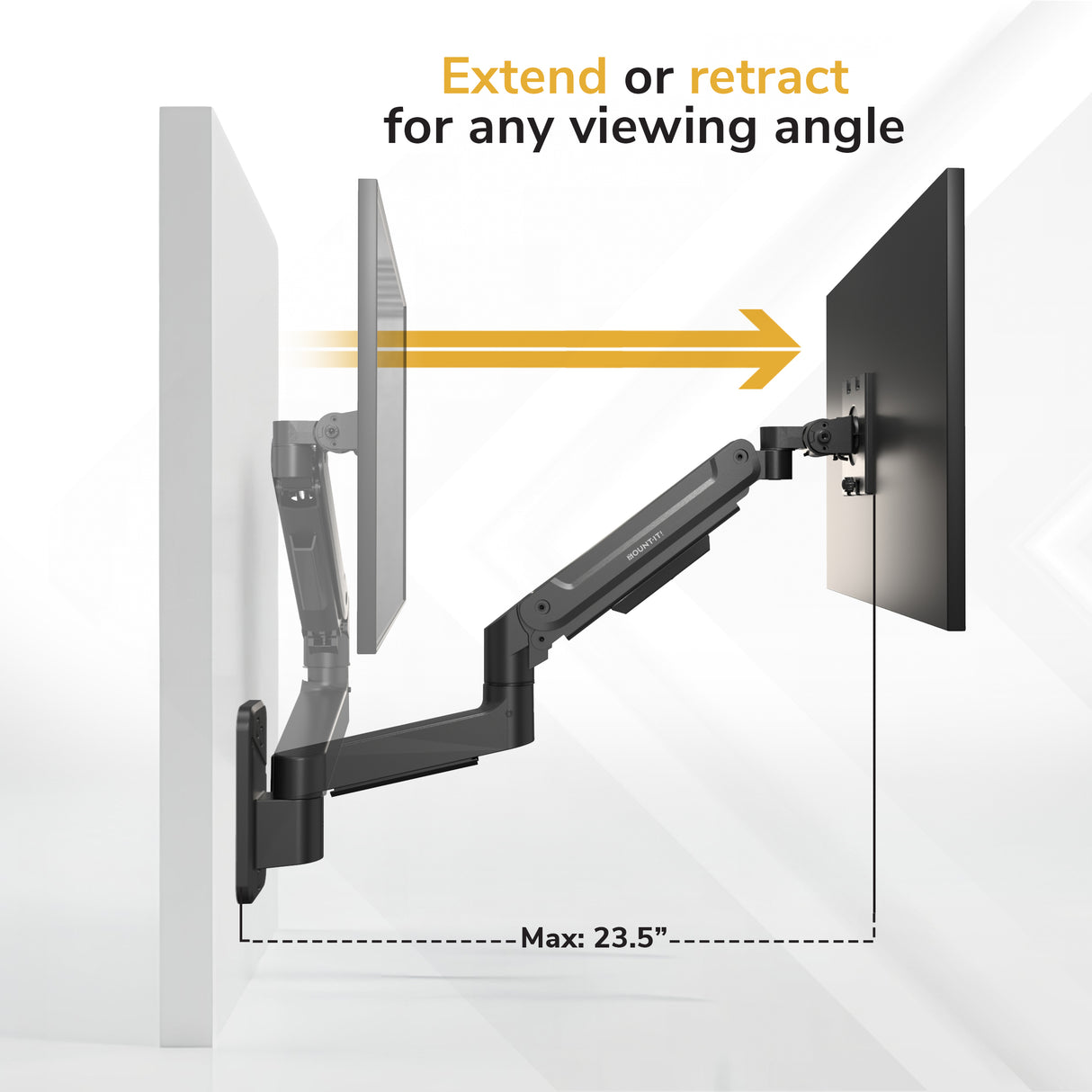 The Mount-It! Heavy-Duty Single Monitor Wall Mount extends 23.5 inches, providing ergonomic positioning and flexible viewing angles—perfect for supporting ultrawide monitors.
