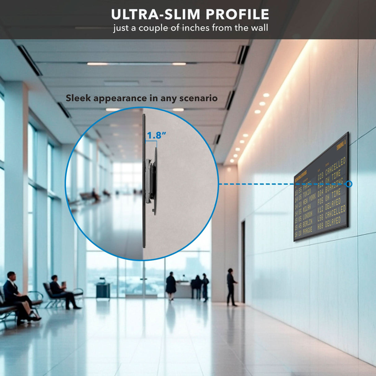 A Mount-It! TV Wall Mount With Full 360 Degree Rotation holds a sleek digital display just 1.8 inches from the hallway wall, shown in close-up to emphasize its ultra-thin design as people sit and walk in the bright lobby.