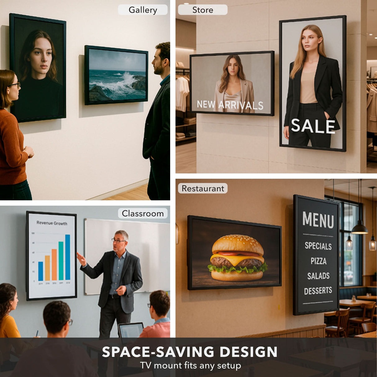 A collage shows four spaces using Mount-It! TV Wall Mount With Full 360 Degree Rotation: a gallery, fashion store, restaurant menu, and classroom. Text reads Space-Saving Design.