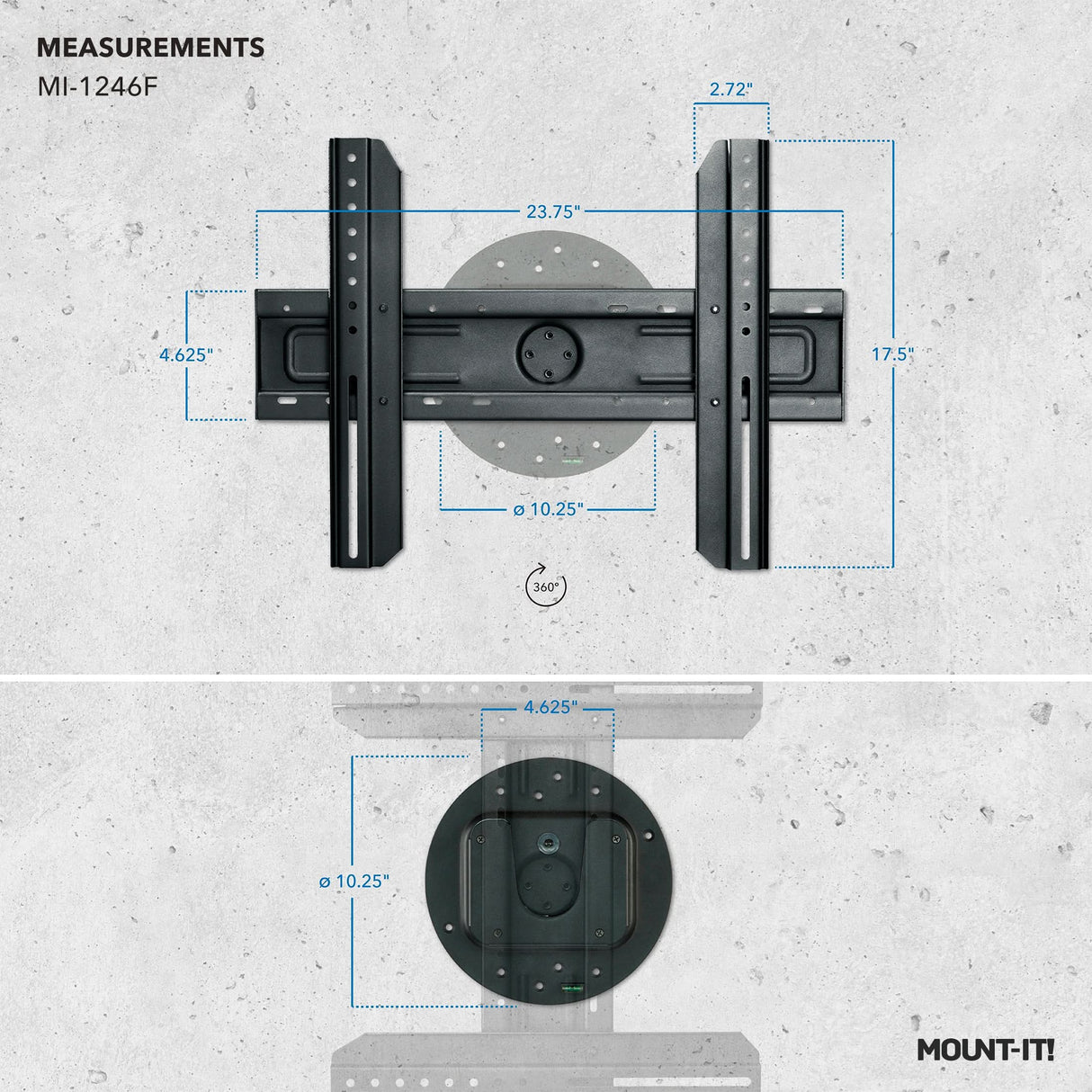 Top and front view of the Mount-It! TV Wall Mount With Full 360 Degree Rotation in black, showing labeled measurements (23.75, 17.5, 10.25, 2.72) and an ultra low profile design against a gray textured wall with Mount-It! branding.