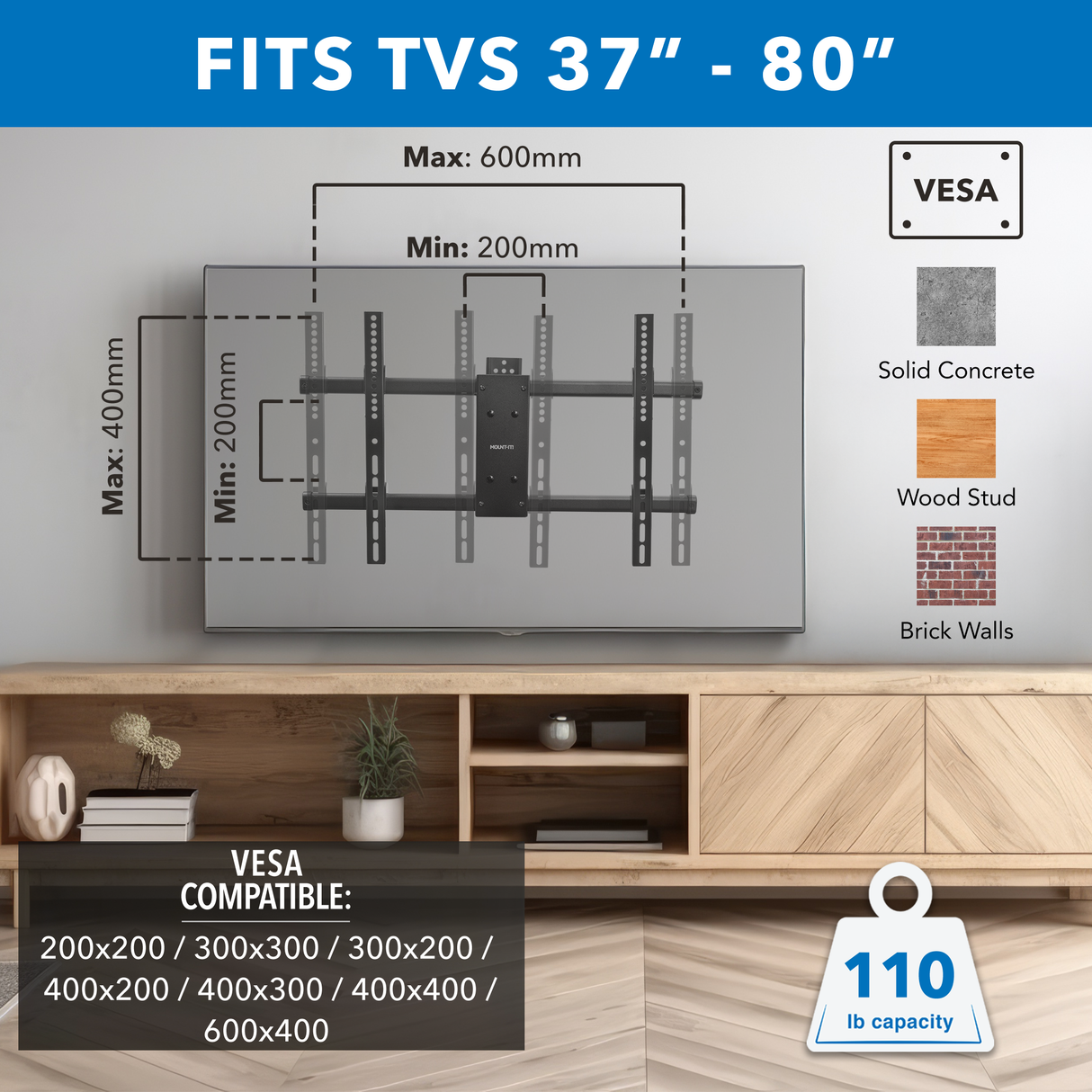 The Mount-It! Heavy Duty Full Motion TV Wall Mount fits 37–80" TVs up to 110 lbs, supports VESA 200x200–600x400 mm, and is easy to install on concrete, wood studs, or brick walls. Shown with TV above a wooden cabinet.