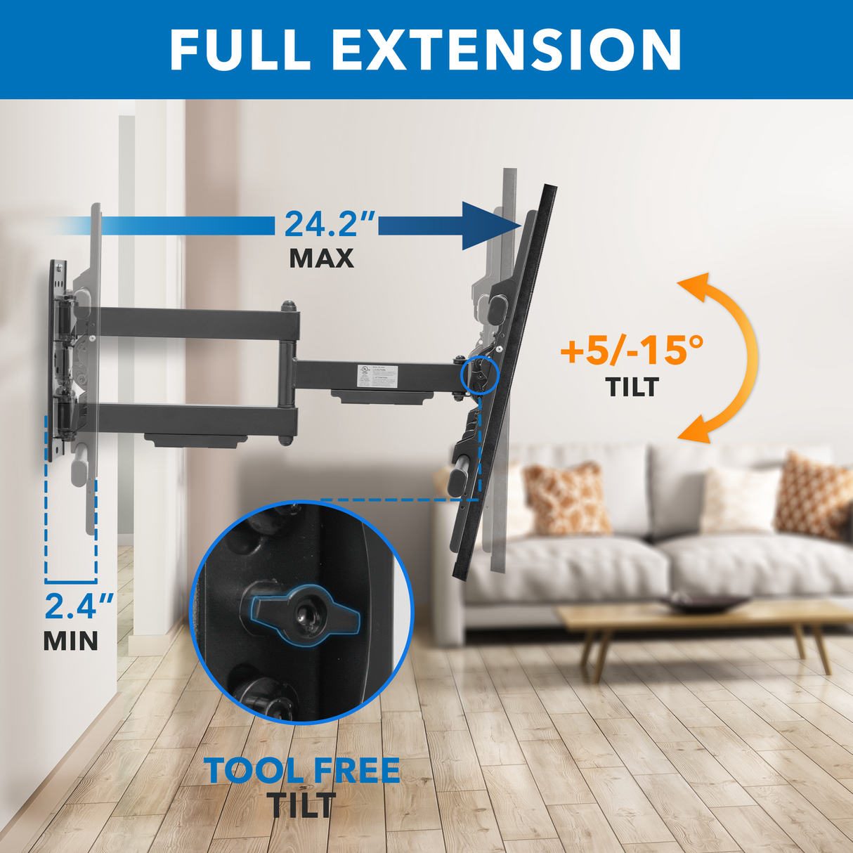 The Mount-It! Heavy Duty Full Motion TV Wall Mount extends 24.2", tilts +5° to -15°, and features tool-free tilt adjustment for flexible, secure positioning. UL certified, it's perfect for living rooms with couches.