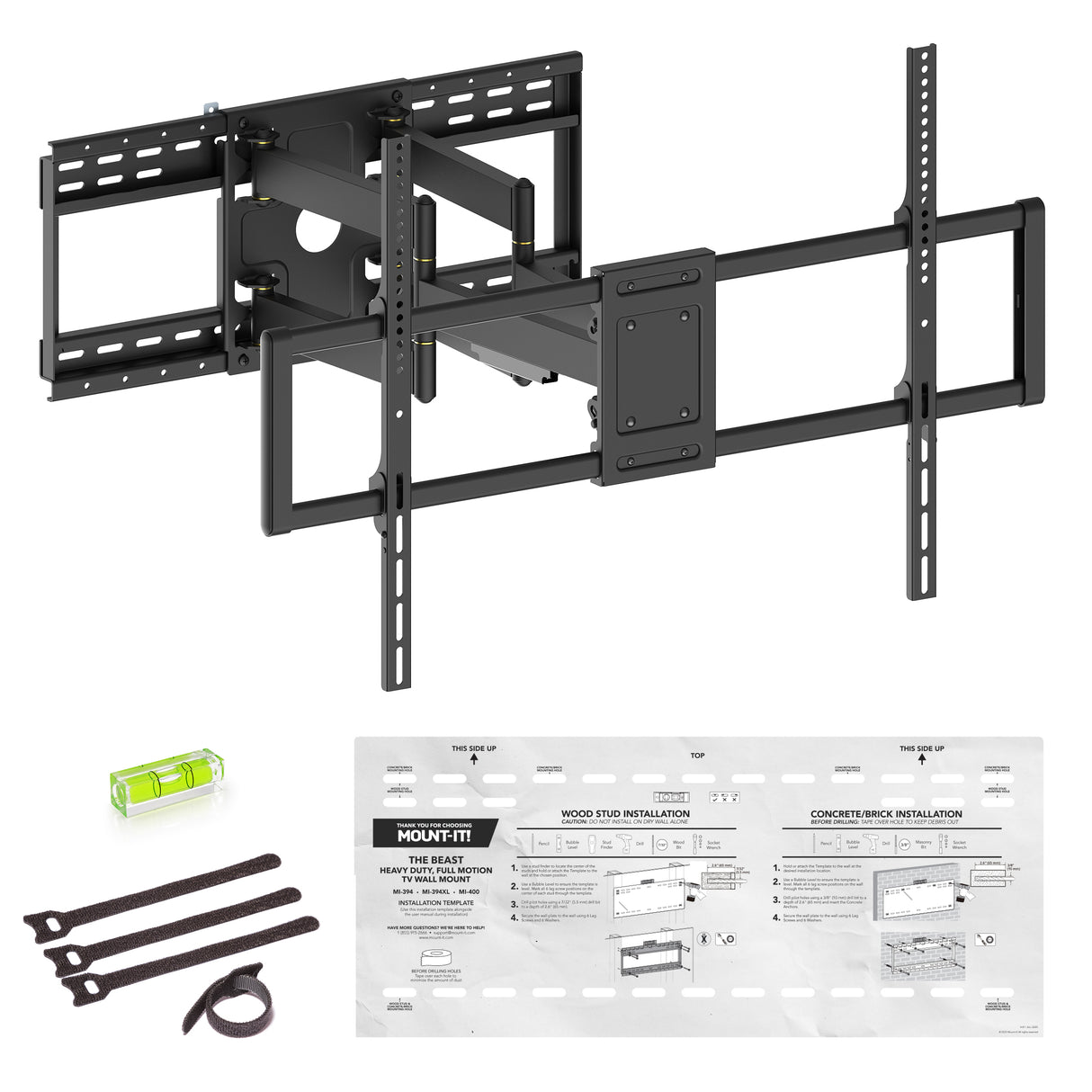 Black wall-mount bracket kit for a TV, shown with included hardware and an instruction sheet on a white background. The main product is the large adjustable wall mount, with mounting brackets, screws, a small green level tool, and a printed installation guide below.