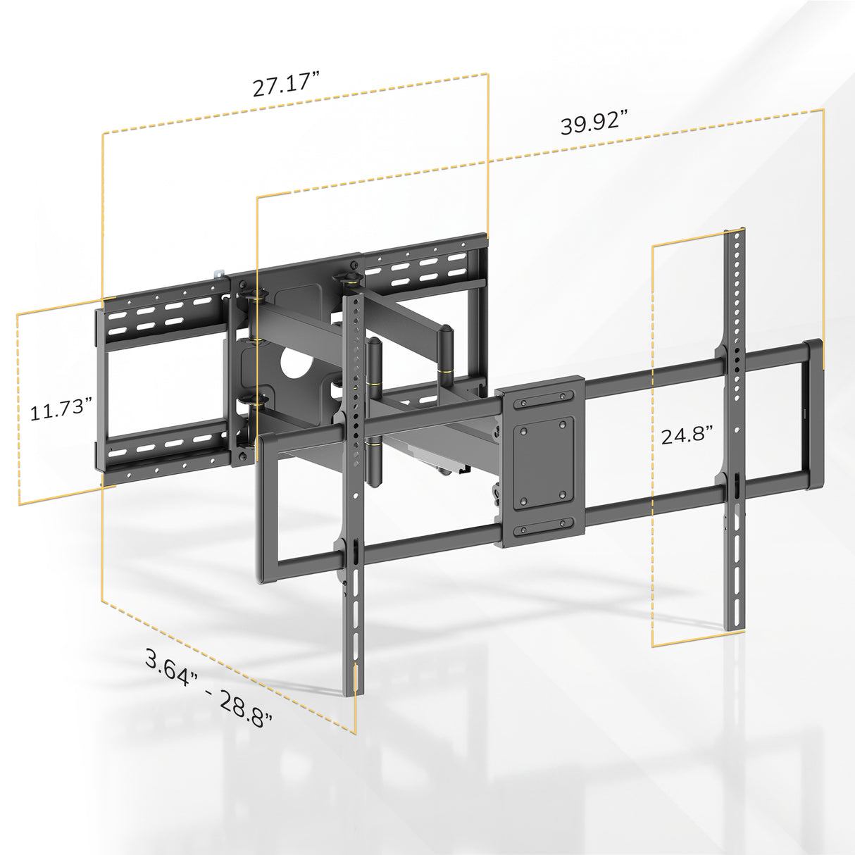 A dark gray adjustable wall mount bracket shown on a white background with dimension callouts in gold lines and text indicating width, height, and depth measurements.