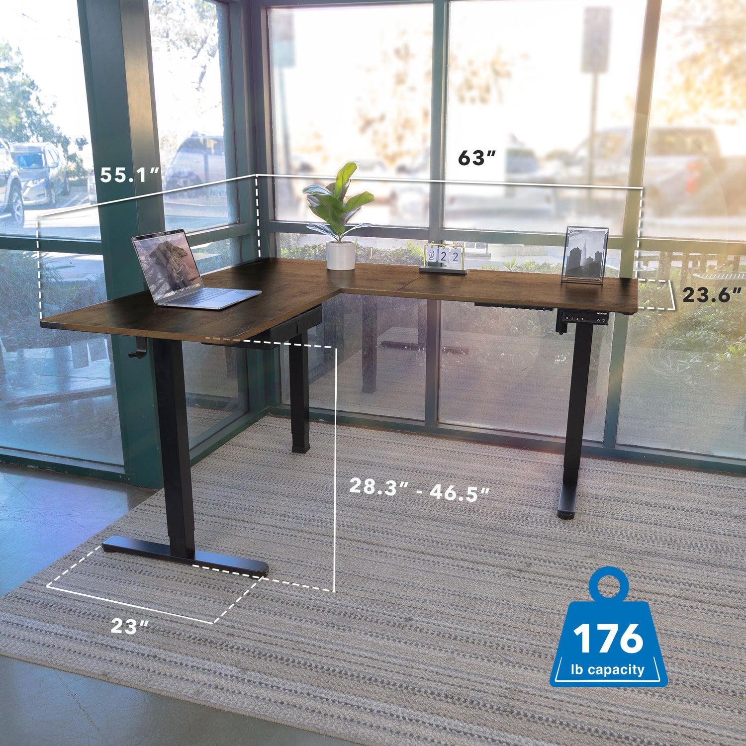 Large Electric Height Adjustable Corner Standing Desk with a spacious 3-piece rustic oak tabletop measuring 63" by 55.1" with 23.6" depth, supported by a sturdy steel frame. Features dual motor height adjustment from 28.3" to 46.5" for ergonomic sit-stand use, accommodates up to 176 lbs, designed for corner placement with a clean, modern aesthetic in a bright room.