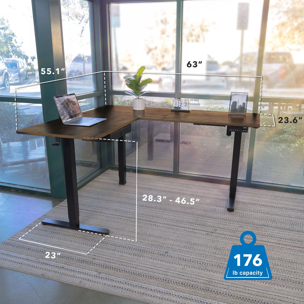 Large Electric Height Adjustable Corner Standing Desk with a spacious 3-piece rustic oak tabletop measuring 63" by 55.1" with 23.6" depth, supported by a sturdy steel frame. Features dual motor height adjustment from 28.3" to 46.5" for ergonomic sit-stand use, accommodates up to 176 lbs, designed for corner placement with a clean, modern aesthetic in a bright room.