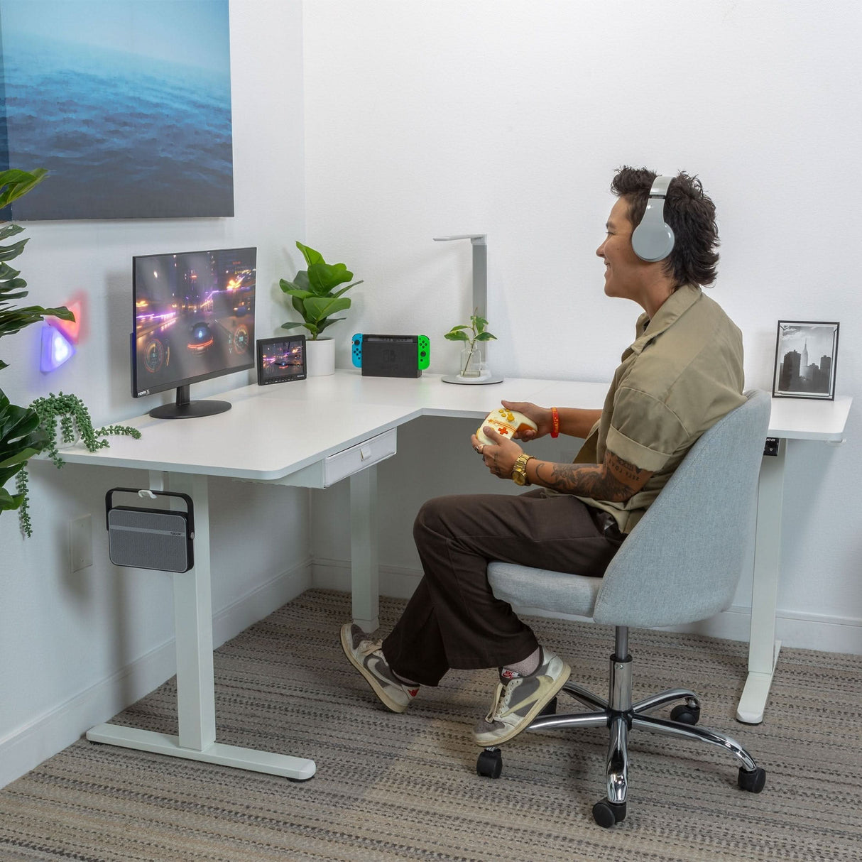 Video gaming on corner desk
