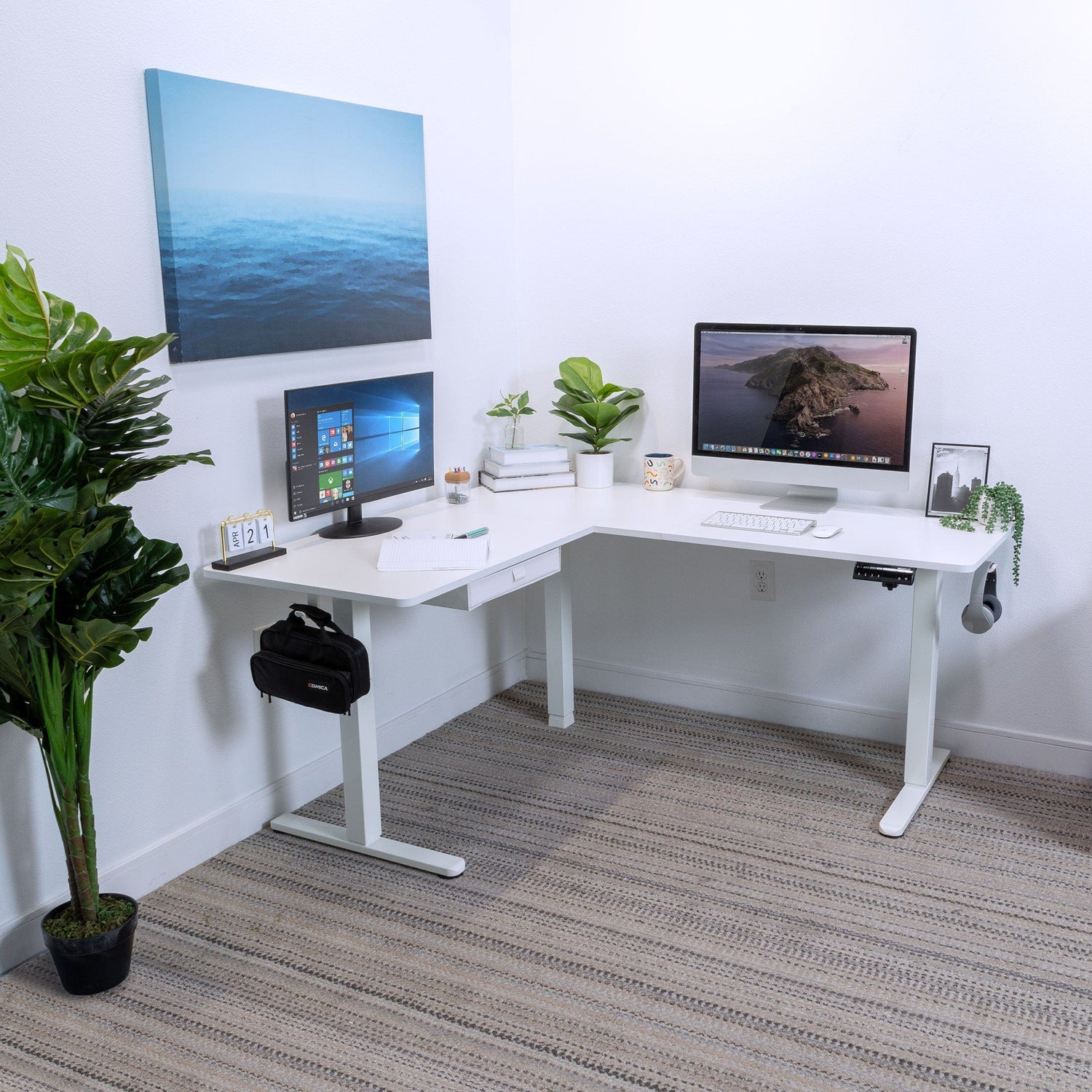 White corner desk with 2 monitors