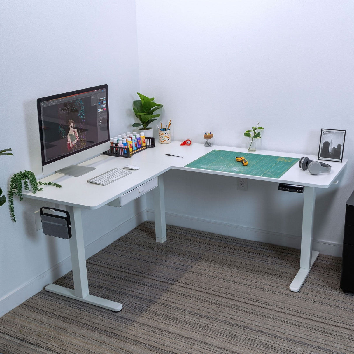 Corner sit stand desk for arts and crafts.
