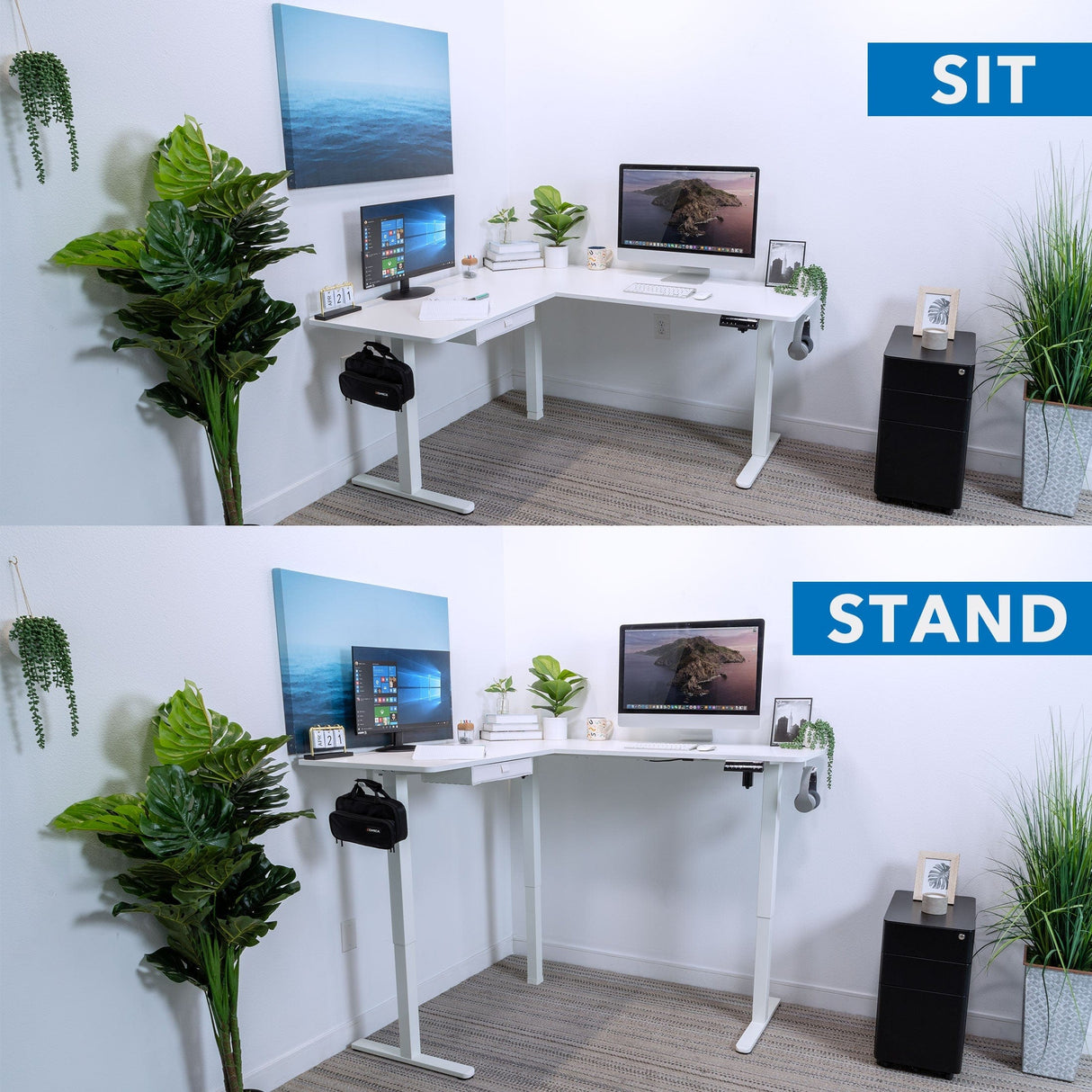 Large Electric Height Adjustable Corner Standing Desk Sit Stand Desk comparison.