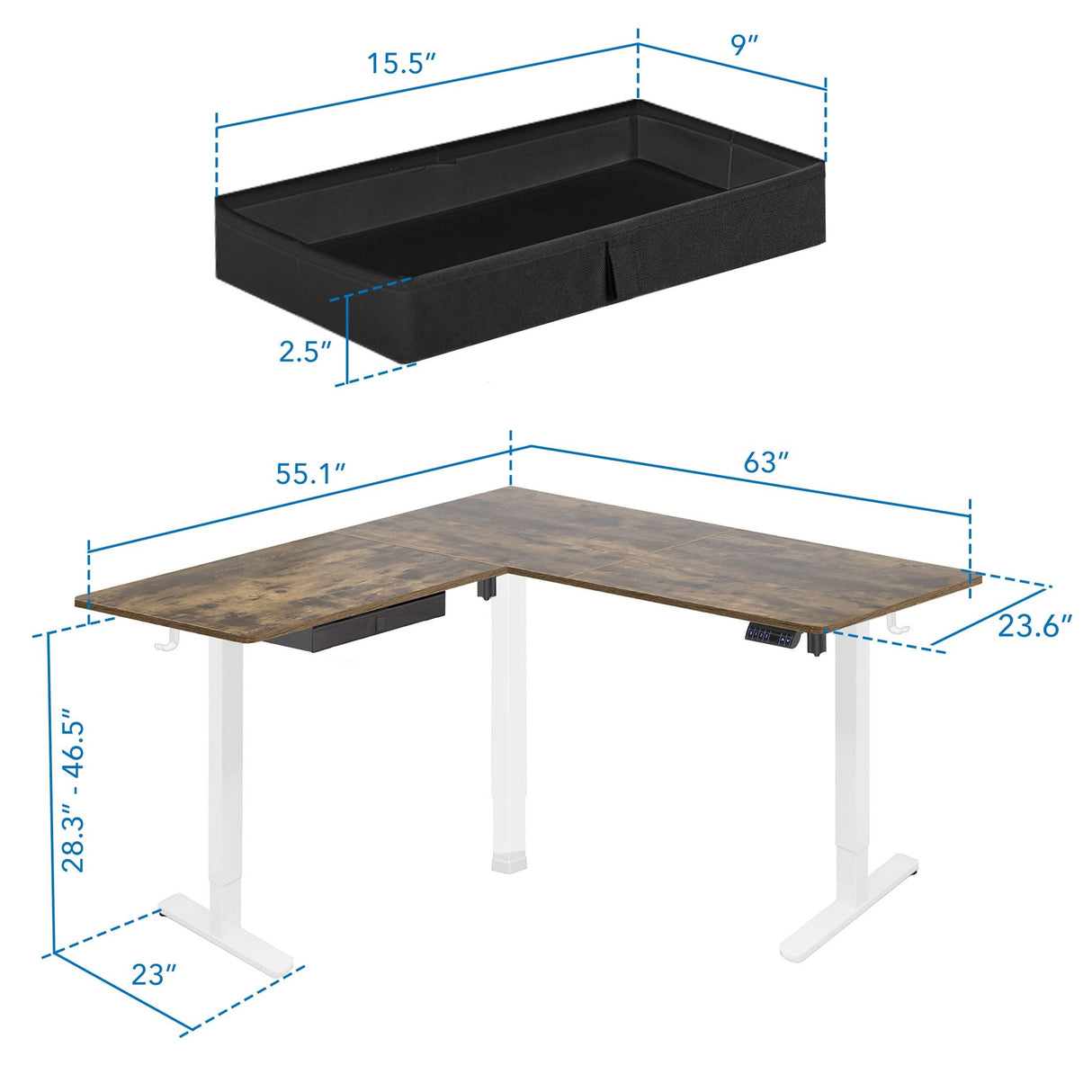 Corner desk with white legs and brown desktop