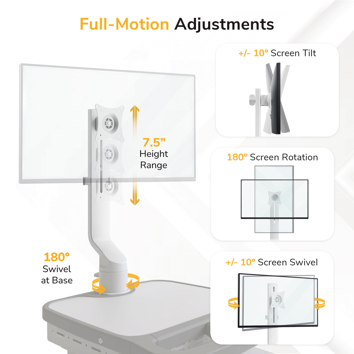 The Mount-It! MedHub Swivel Monitor Mount attaches to your desk and offers 7.5" height adjustment, 180° base swivel, 180° screen rotation, ±10° tilt, and ±10° swivel for full-motion versatility.