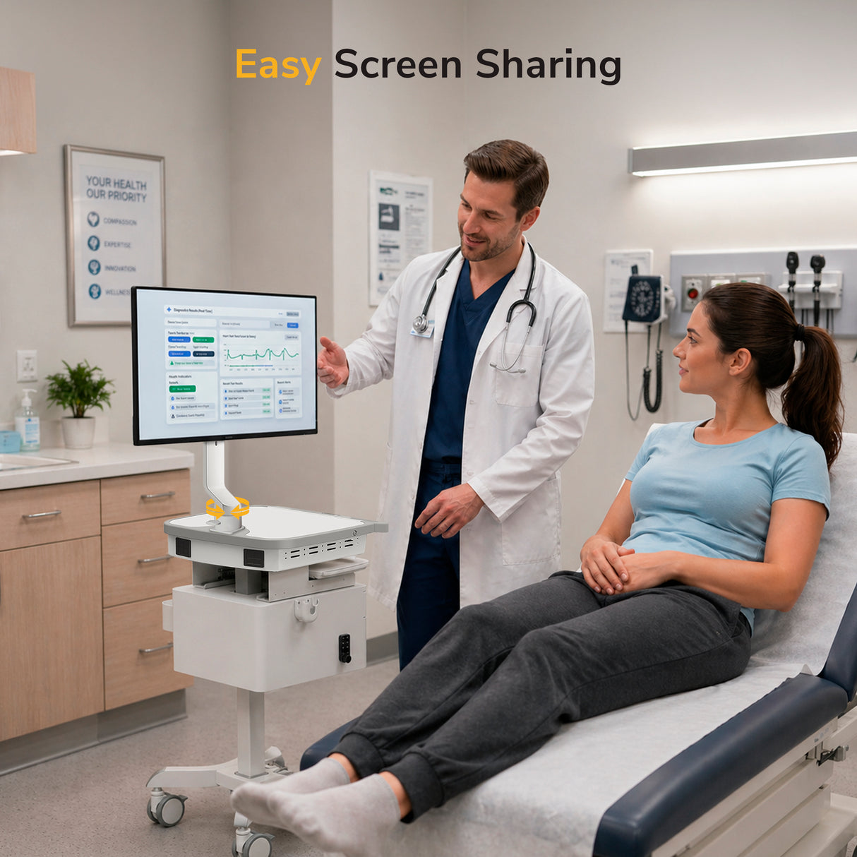 A doctor uses the Mount-It! MedHub Swivel Monitor Mount to share a medical chart on a screen with a patient in a modern clinic, under the heading Easy Screen Sharing.