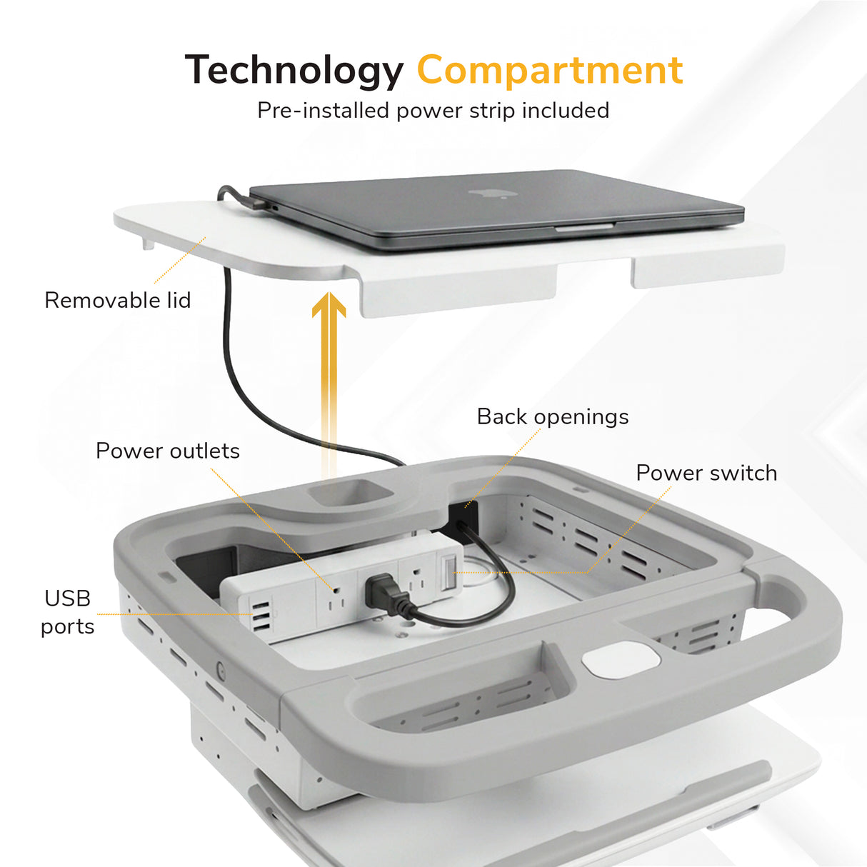 The Mount-It! MedHub Compact Mobile Workstation features a technology compartment with a removable lid, built-in power strip, USB ports, power switch, rear openings, and locking casters for mobility. A laptop connects inside the adjustable workstation.