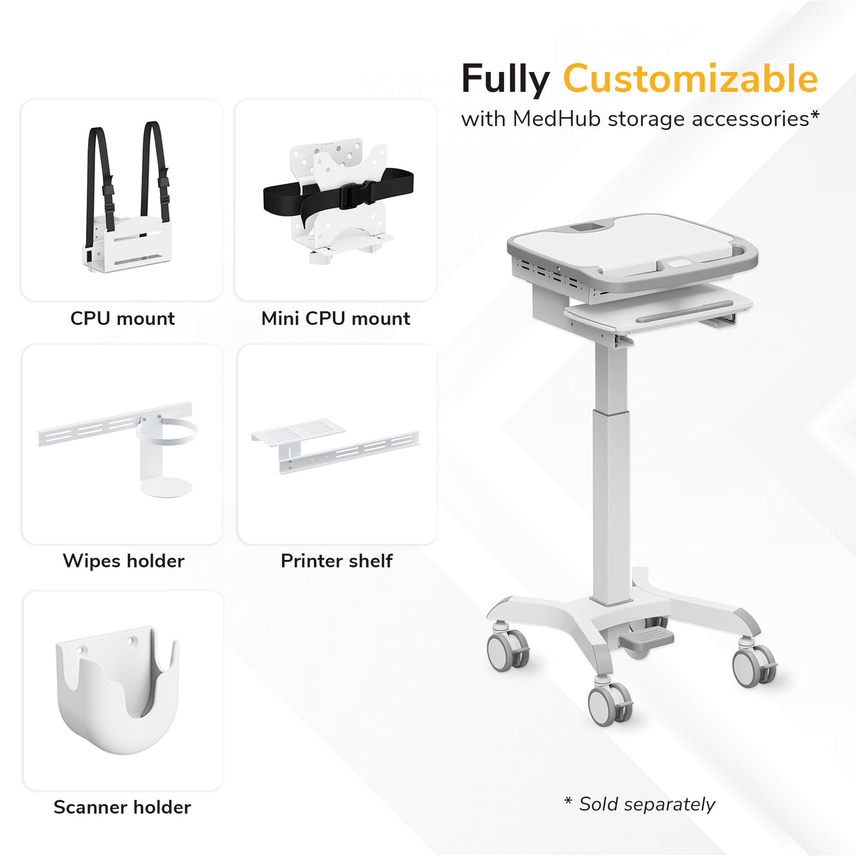 The Mount-It! MedHub Compact Mobile Workstation is fully customizable and can be equipped with storage accessories like a CPU mount, mini CPU mount, wipes holder, printer shelf, and scanner holder. Accessories sold separately.