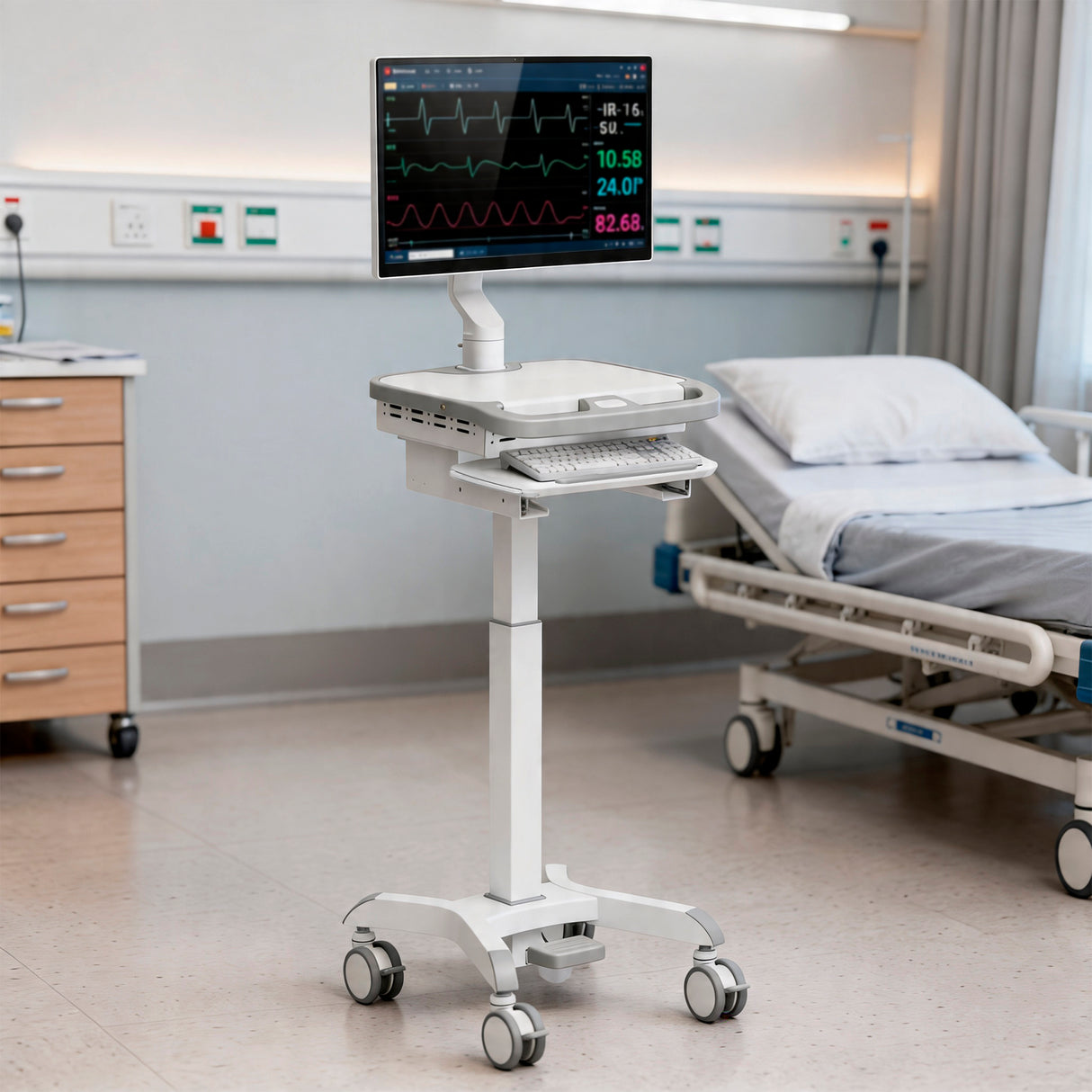 The Mount-It! MedHub Compact Mobile Workstation with locking casters and an adjustable workstation supports a monitor displaying vital signs beside a hospital bed in a bright, clean patient room.