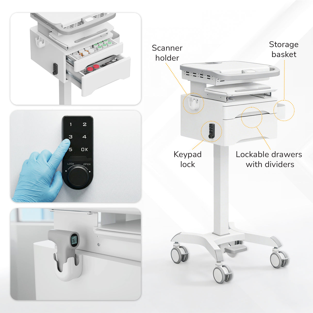 The Mount-It! MedHub Compact Mobile Workstation with Drawers features locking casters, lockable drawers with dividers, a keypad lock, scanner holder, and storage basket. Insets highlight keypad use, drawer contents, and scanner holder.