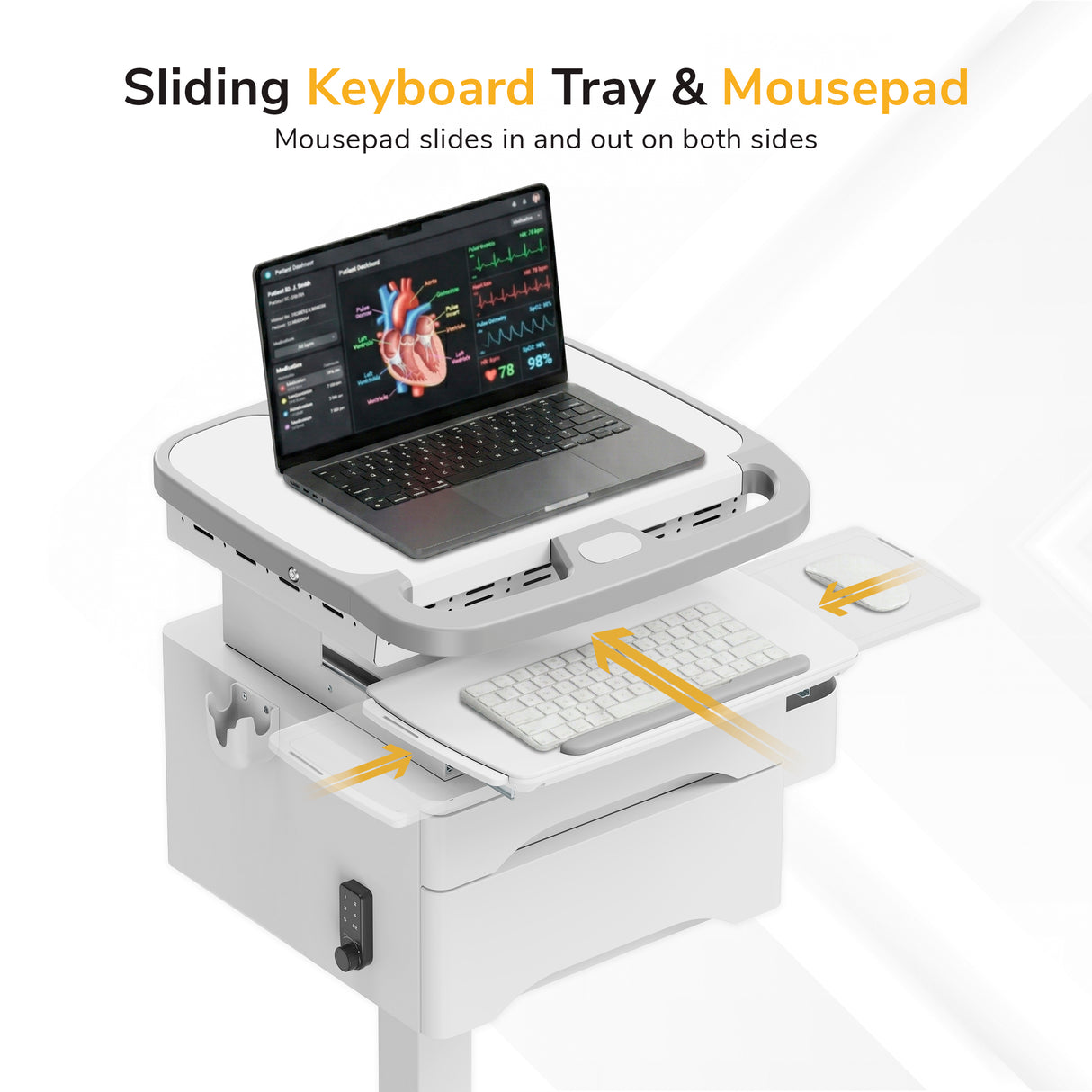 The Mount-It! MedHub Compact Mobile Workstation with Drawers features a top laptop surface, sliding keyboard tray, dual slide-out mousepads, and locking casters for stability and mobility. Arrows indicate the movement of the tray and mousepads.