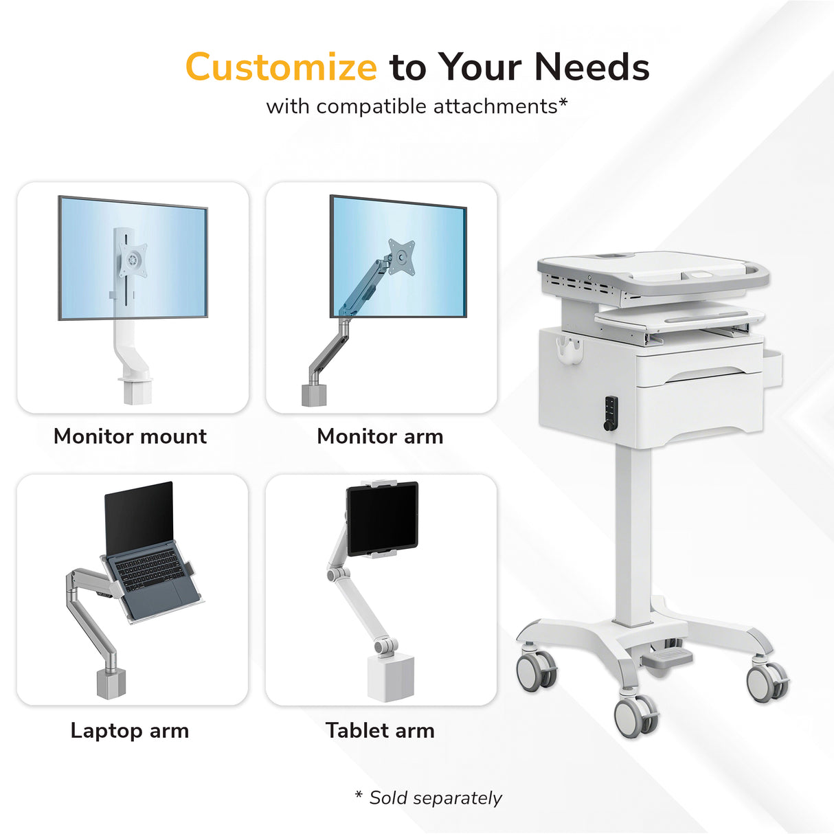 The Mount-It! MedHub Compact Mobile Workstation with Drawers features locking casters and supports add-ons like a monitor or laptop arm, sold separately. Attachments are shown in labeled images. Perfect as a mobile documentation cart.