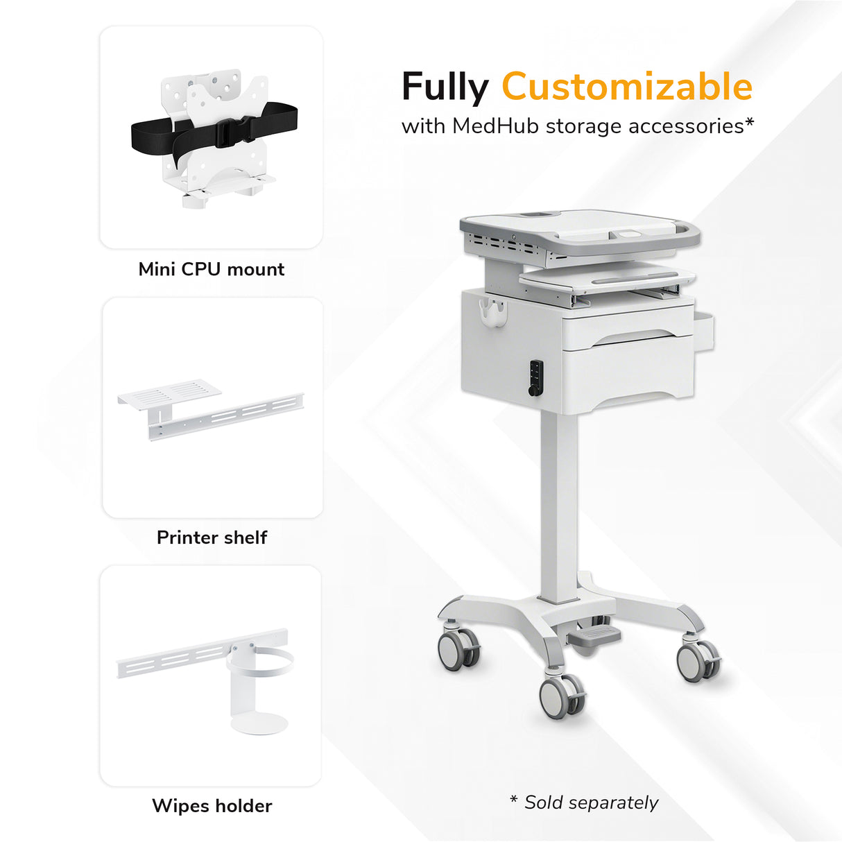 The Mount-It! MedHub Compact Mobile Workstation with Drawers features locking casters for stability, and is shown with optional accessories like a mini CPU mount, printer shelf, and wipes holder. Fully customizable with MedHub storage accessories.