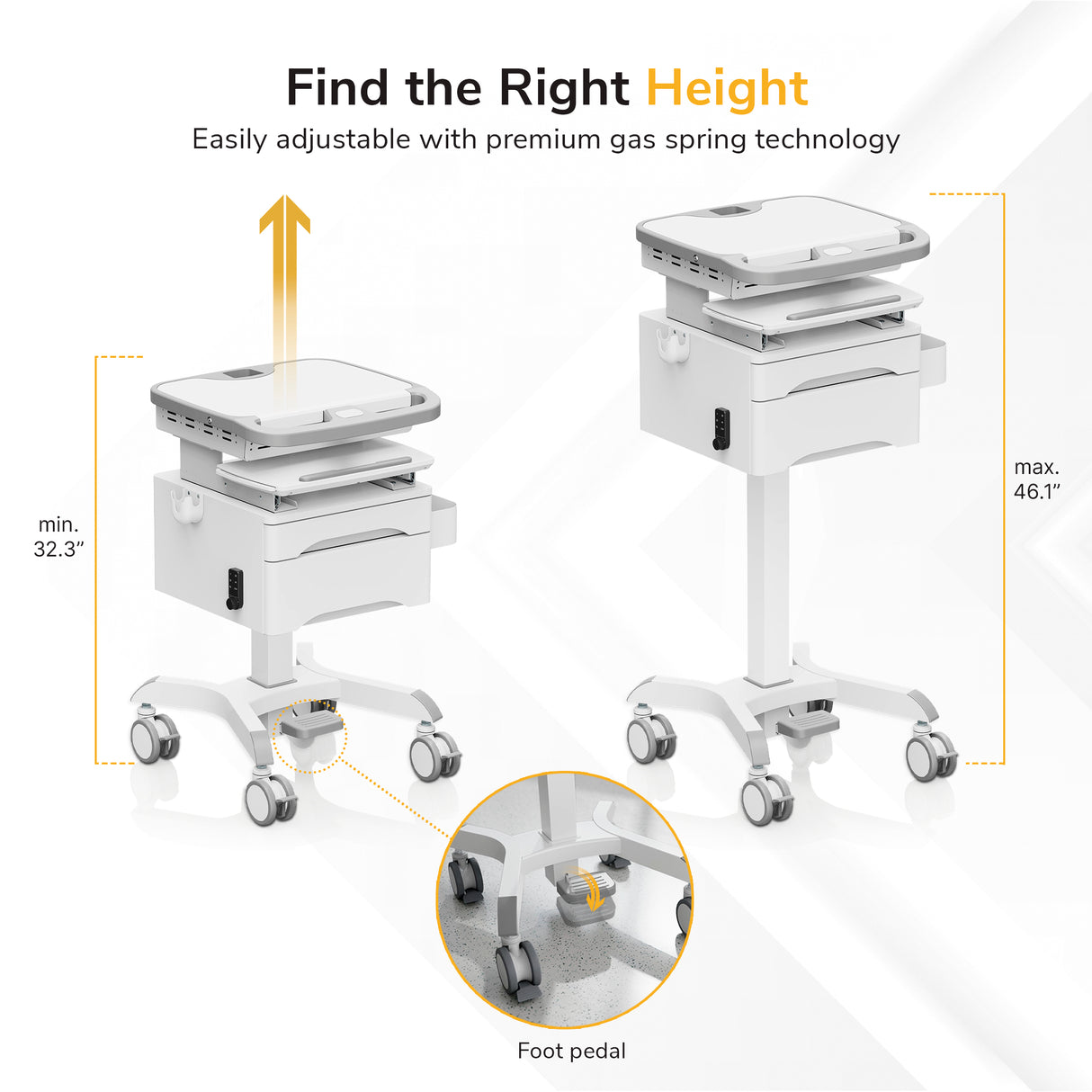 The Mount-It! MedHub Compact Mobile Workstation with Drawers features adjustable height from 32.3" to 46.1", a foot pedal at the base, and locking casters for stability. Arrows illustrate the height adjustment range.