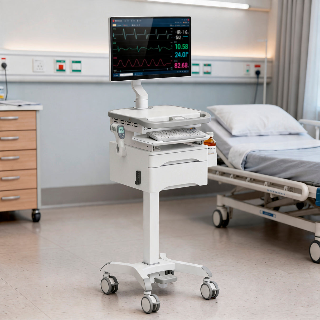 A hospital room features the Mount-It! MedHub Compact Mobile Workstation with Drawers—equipped with locking casters, a keypad lock, monitor for vital signs, keyboard, and drawers—positioned beside an empty hospital bed.