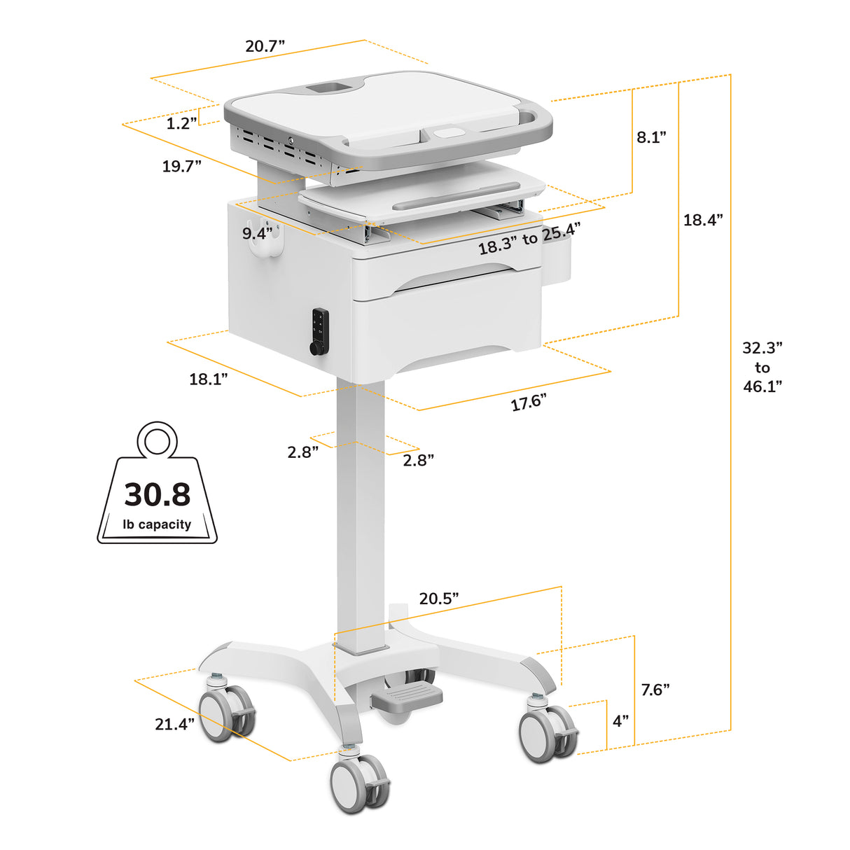 The MedHub Compact Mobile Workstation with Drawers by Mount-It! is a white, height-adjustable cart featuring four locking casters, a slide-out tray, a keypad-lock drawer, and dimensions—height, width, depth—marked in yellow lines. Capacity: 30.8 lb.