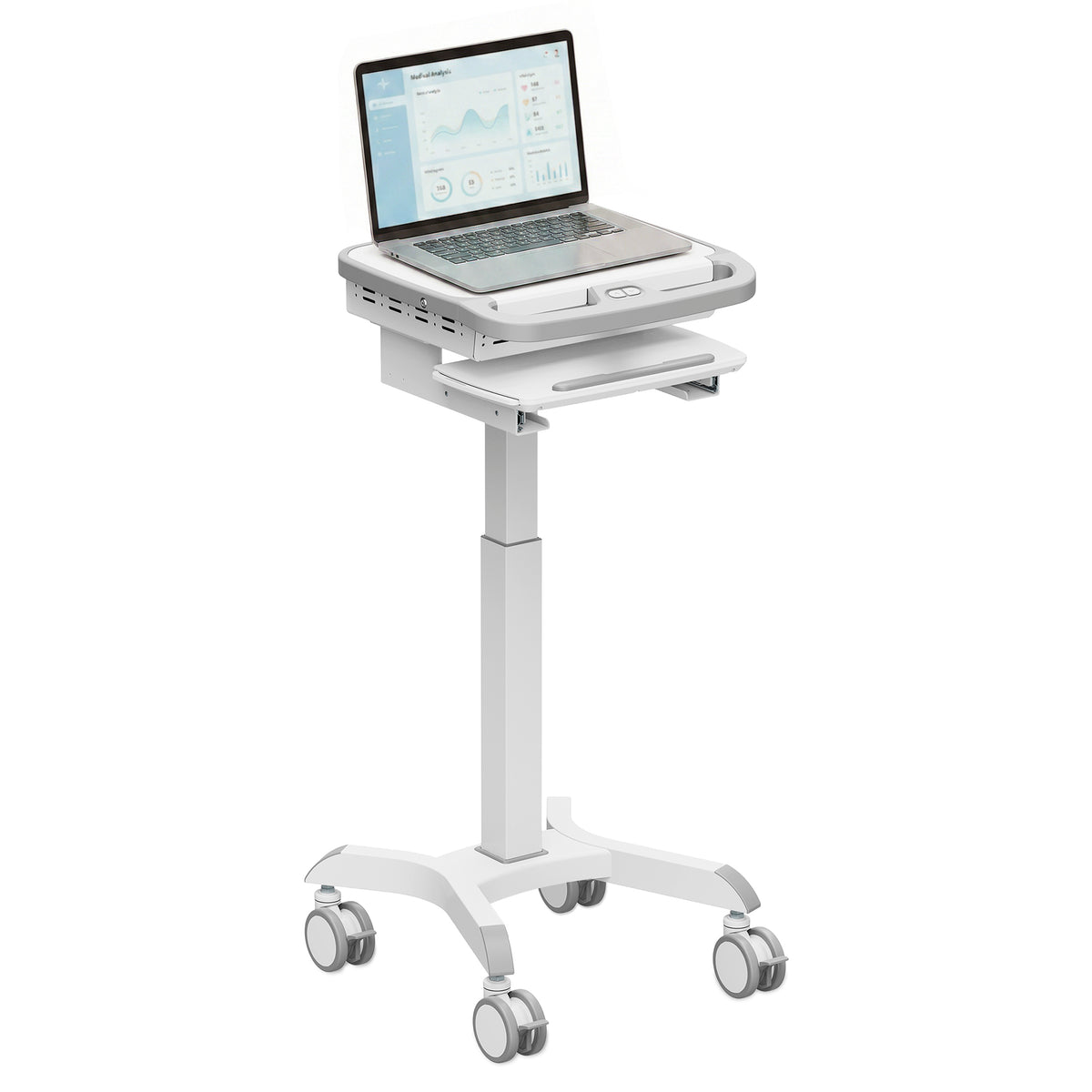 The Mount-It! MedHub Motorized Mobile Workstation is a white medical cart with locking casters, a secure technology enclosure, an adjustable tray underneath, and a laptop on top displaying data charts.