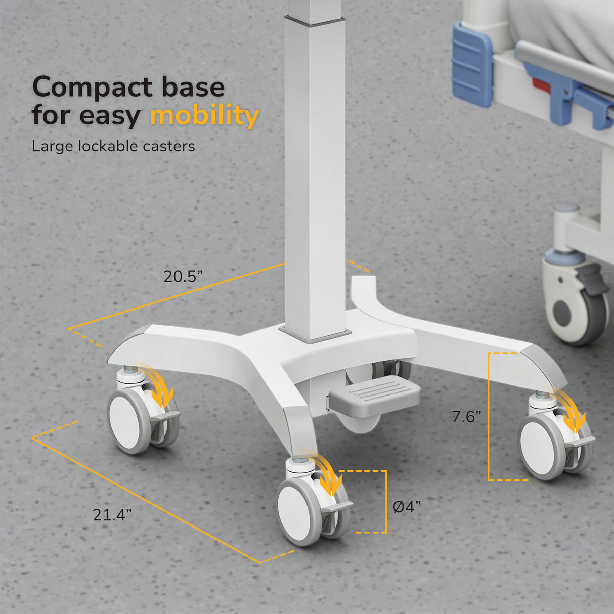 A close-up of the Mount-It! MedHub Mobile Workstation with Drawers, Powered, featuring a white height-adjustable base with four large lockable caster wheels (20.5" x 21.4", 7.6" wheel height) on a gray speckled floor next to a hospital bed.