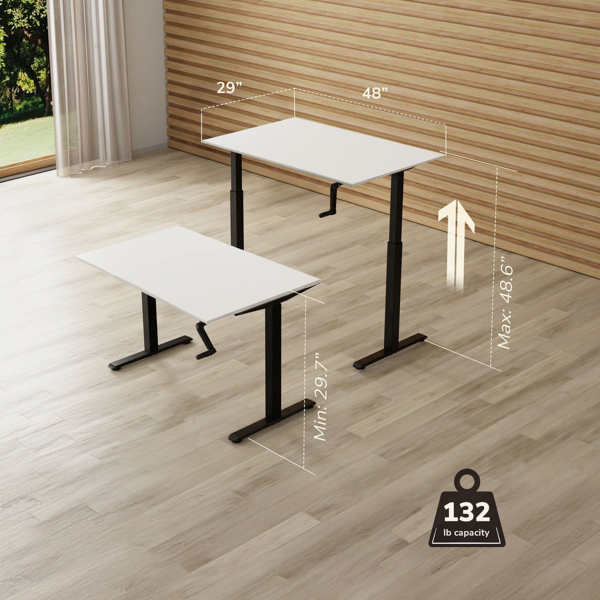 Two Mount-It! Hand Crank Standing Desk Frames with 48" white tabletops and black legs are shown; one is raised to 48.6", the other lowered to 29". Each measures 48" x 29" and supports up to 132 lbs. The room features wood floors and walls.