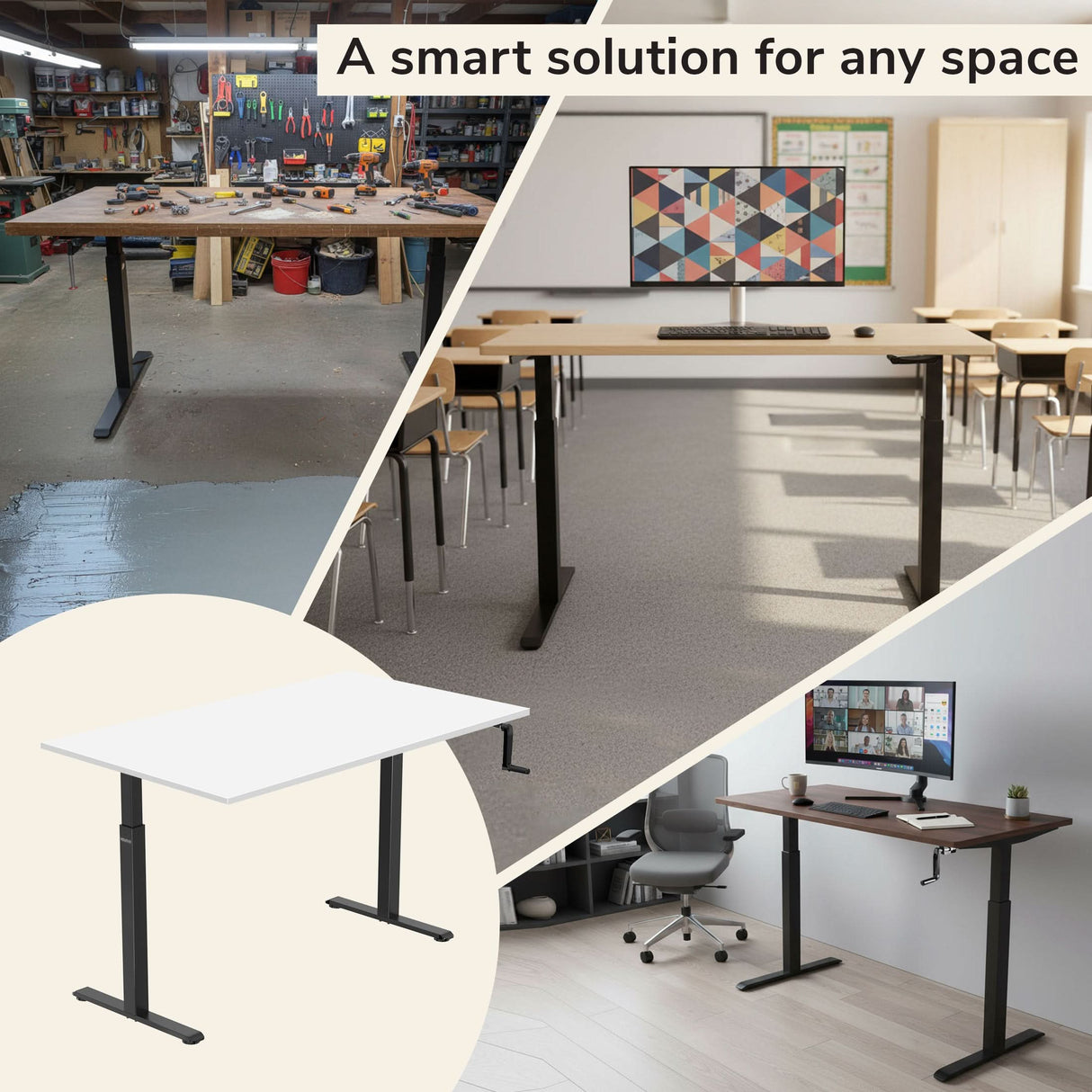 A collage features the Mount-It! Hand Crank Standing Desk Frame with 48" Tabletop in a workshop, classroom, and home office, plus a plain product image with “A smart solution for any space” at the top.