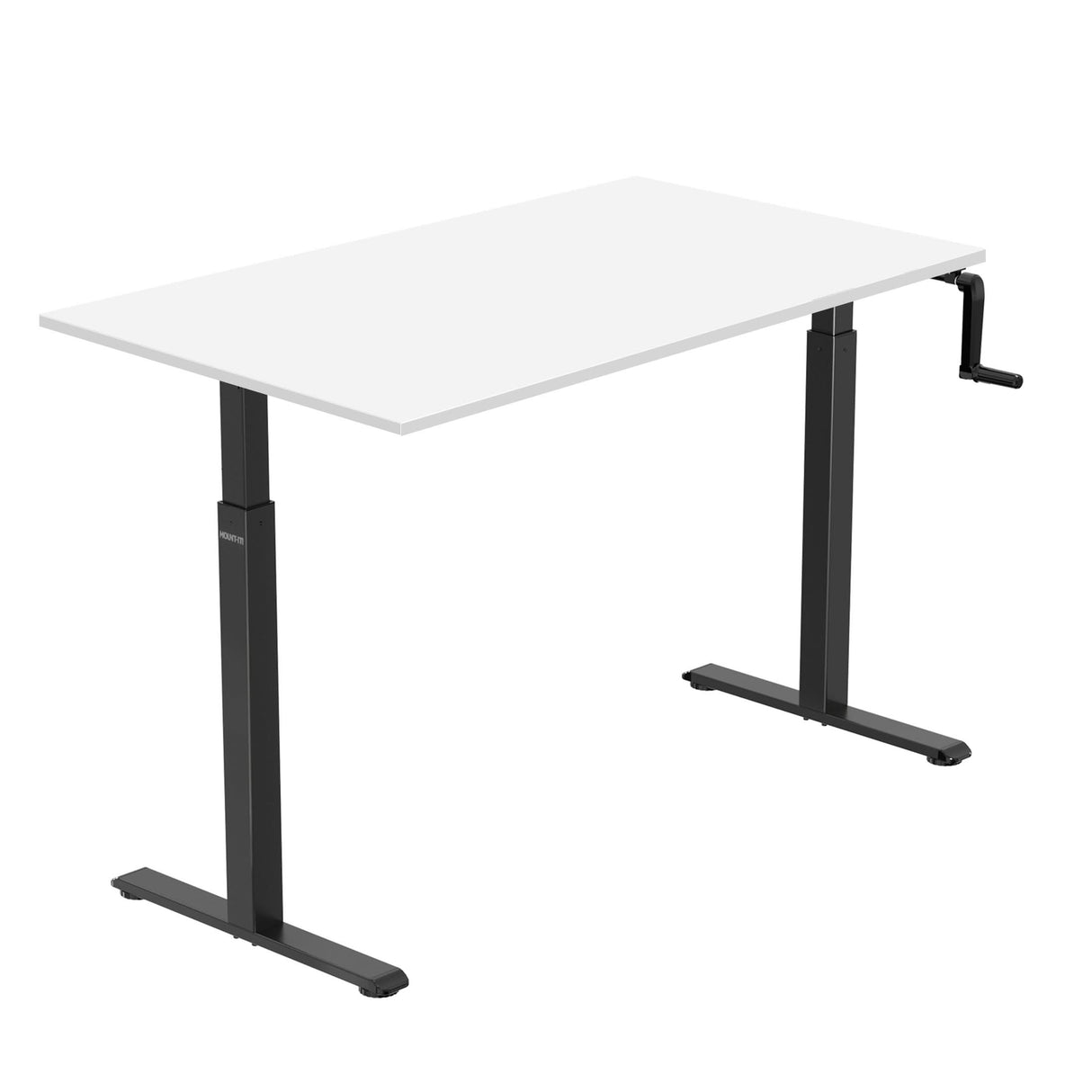 The Mount-It! Hand Crank Standing Desk Frame with 48" Tabletop features a modern white surface, black metal legs, and a convenient manual hand crank on the right side for easy height adjustment.