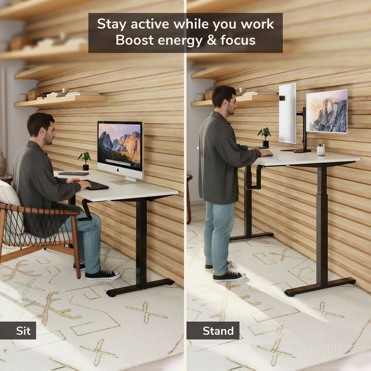 Split image of a man using the Mount-It! Hand Crank Standing Desk Frame with 48" Tabletop: seated and typing on the left, standing and working on the right. Text: Stay active, boost energy & focus with this adjustable desk.