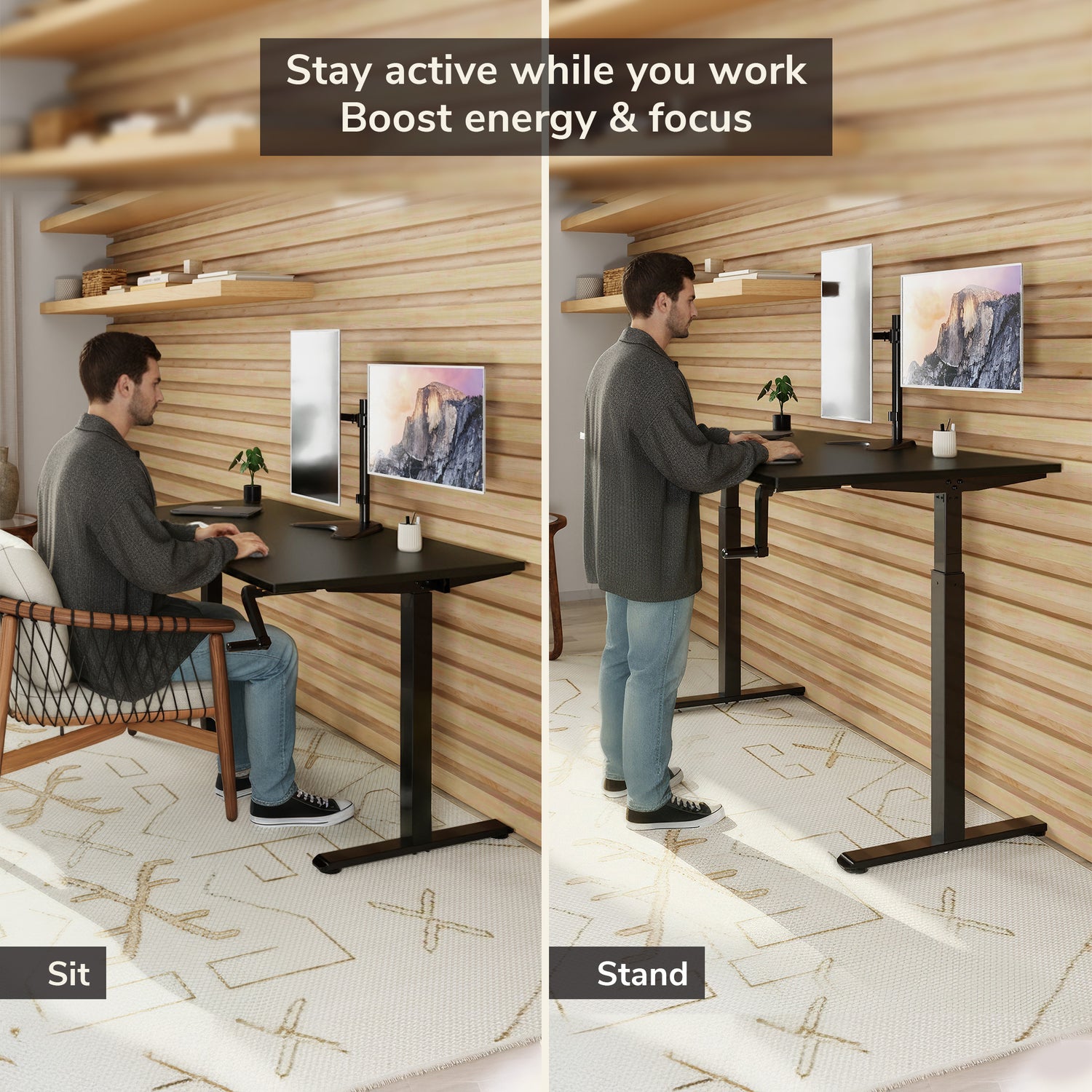 Hand Crank Standing Desk with 55" Tabletop - Black Base