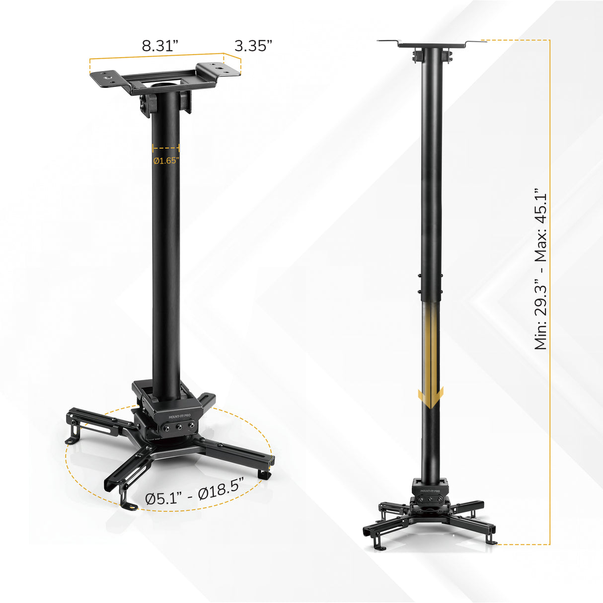 Two views of the Mount-It! Heavy Duty Projector Ceiling Mount with labeled dimensions: base width 8.31", top plate 3.35", height adjustable from 29.3"–45.1", and arm span Ø5.1"–Ø18.5"; ideal for secure ceiling projector mounting.