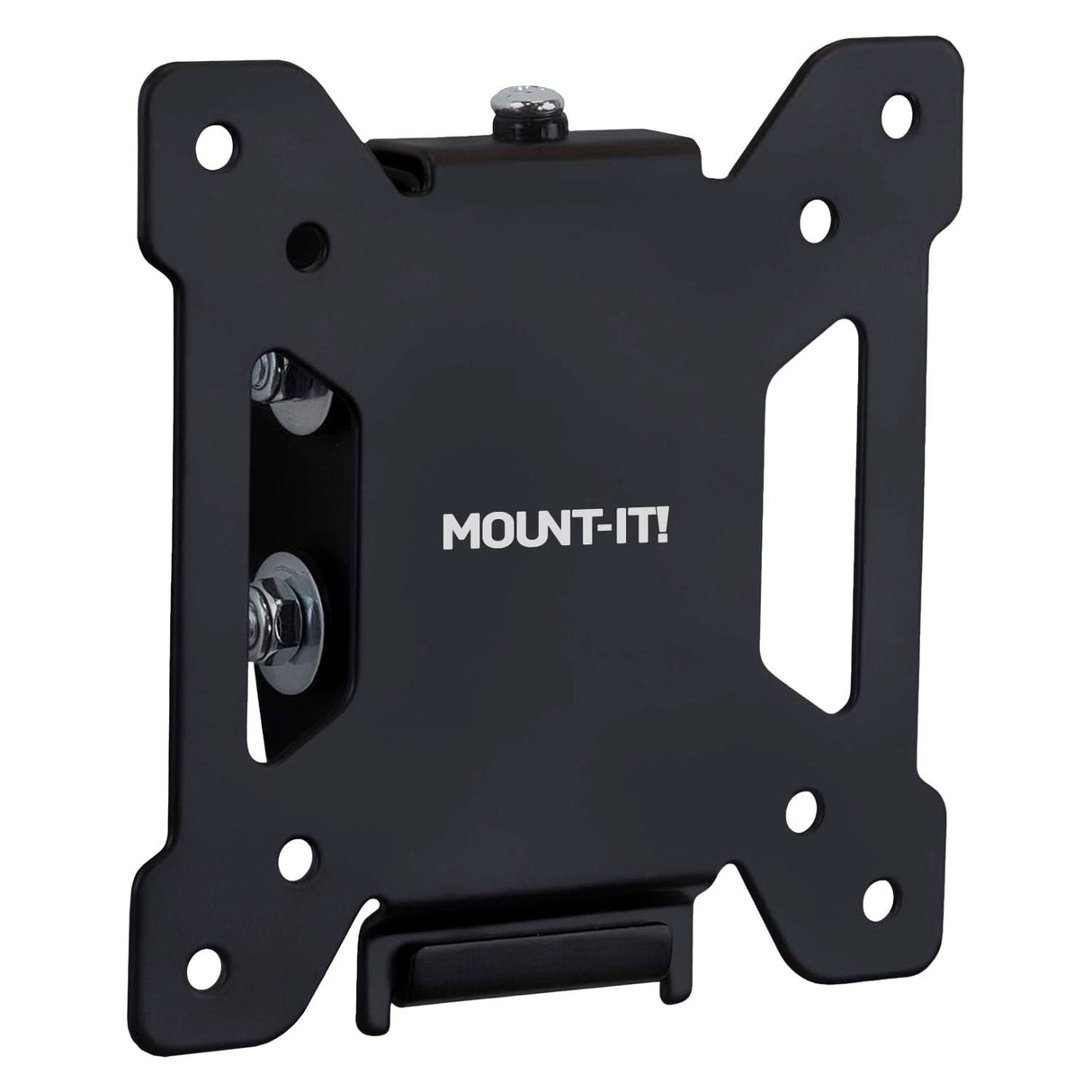 The Mount-It! Tilting TV Wall Mount is a black metal bracket with a compact, low-profile design, multiple screw holes for mounting, and the brand name printed in white on the front.