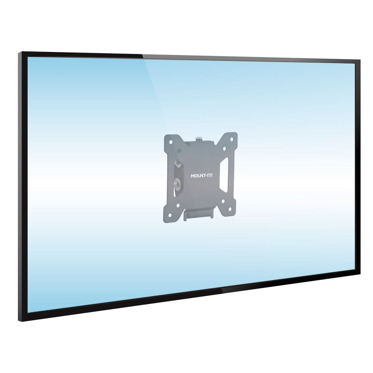 A 32-inch flat-screen TV with its display off is mounted on a light blue wall using the Mount-It! Tilting TV Wall Mount, visible behind the screen and reflecting light slightly.