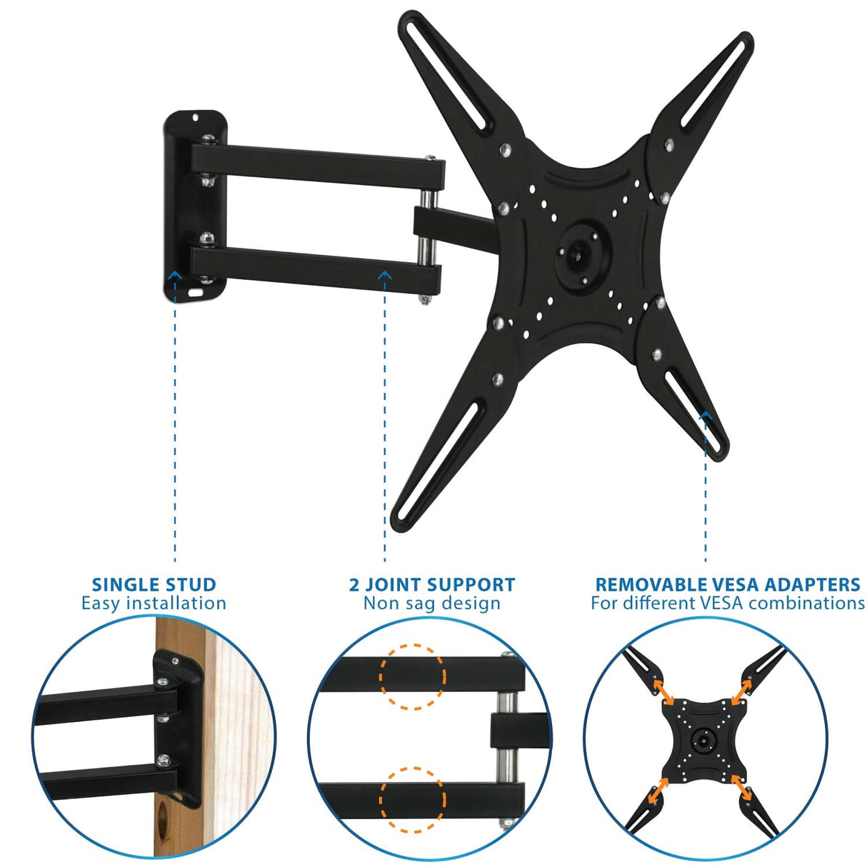 Mount-It! Full Motion Swivel Bracket TV Wall Mount features adjustable arms, single stud installation, two-joint stability support, and a universal VESA bracket with removable adapters for different TV mounting patterns.