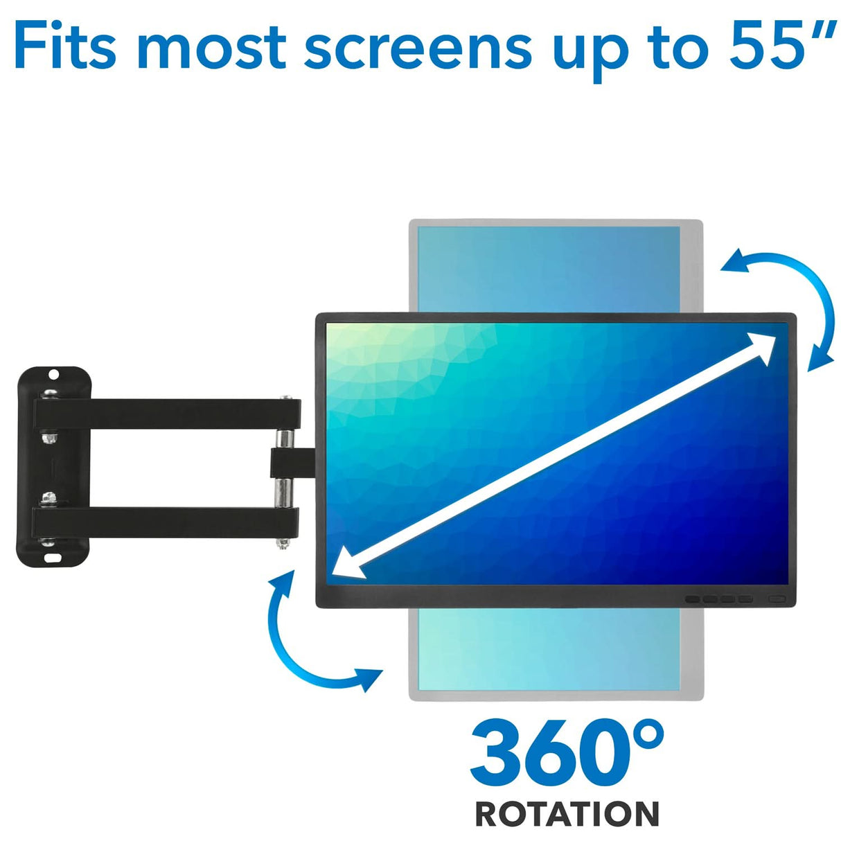 The Mount-It! Full Motion Swivel Bracket TV Wall Mount holds a vertically rotated flat-screen, illustrating 360° rotation. Text above states, “Fits most screens up to 55” while curved arrows highlight its swivel functionality.