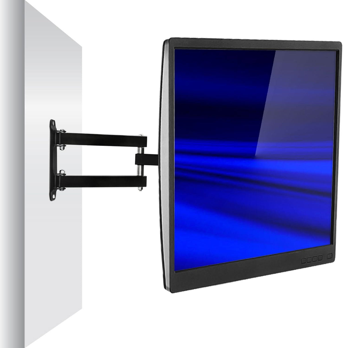 A flat-screen monitor with a blue display is mounted on the Mount-It! Full Motion Swivel Bracket TV Wall Mount, extending outward from a white wall.