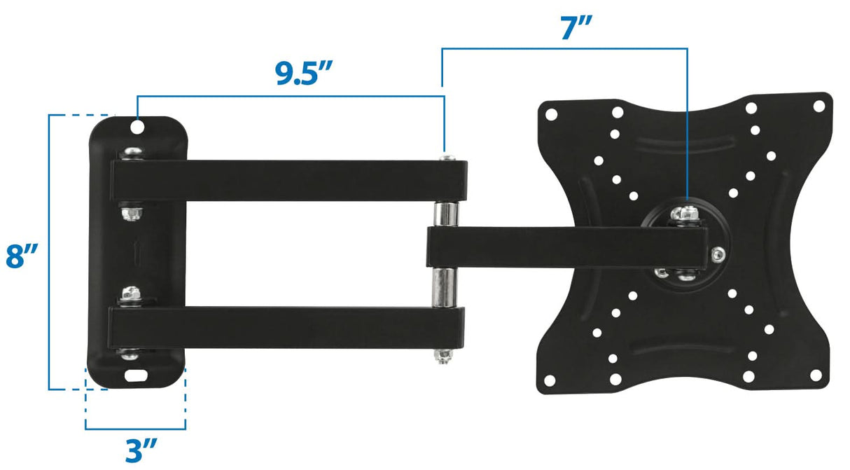 The Mount-It! Full Motion Swivel Bracket TV Wall Mount features a universal VESA bracket, 8" height, 3" wide base, a 9.5" extending arm, and a 7" mounting plate with multiple holes for secure installation.