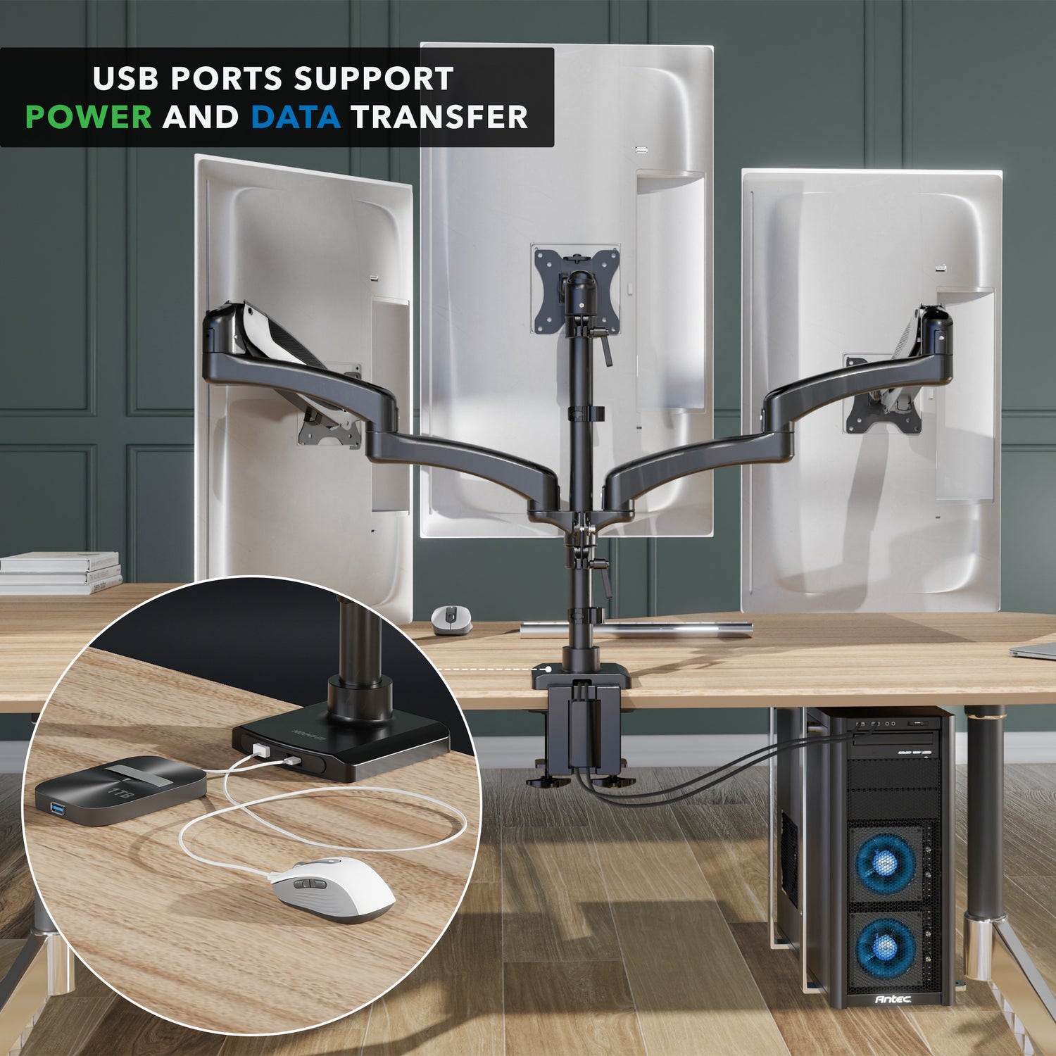 Triple Monitor Mount with Gas Spring Arms and USB Ports securely holding three monitors above a desk, showing cable management and USB connections for power and data transfer, highlighting ergonomic swivel and tilt adjustments and clamp installation on a wooden desk.