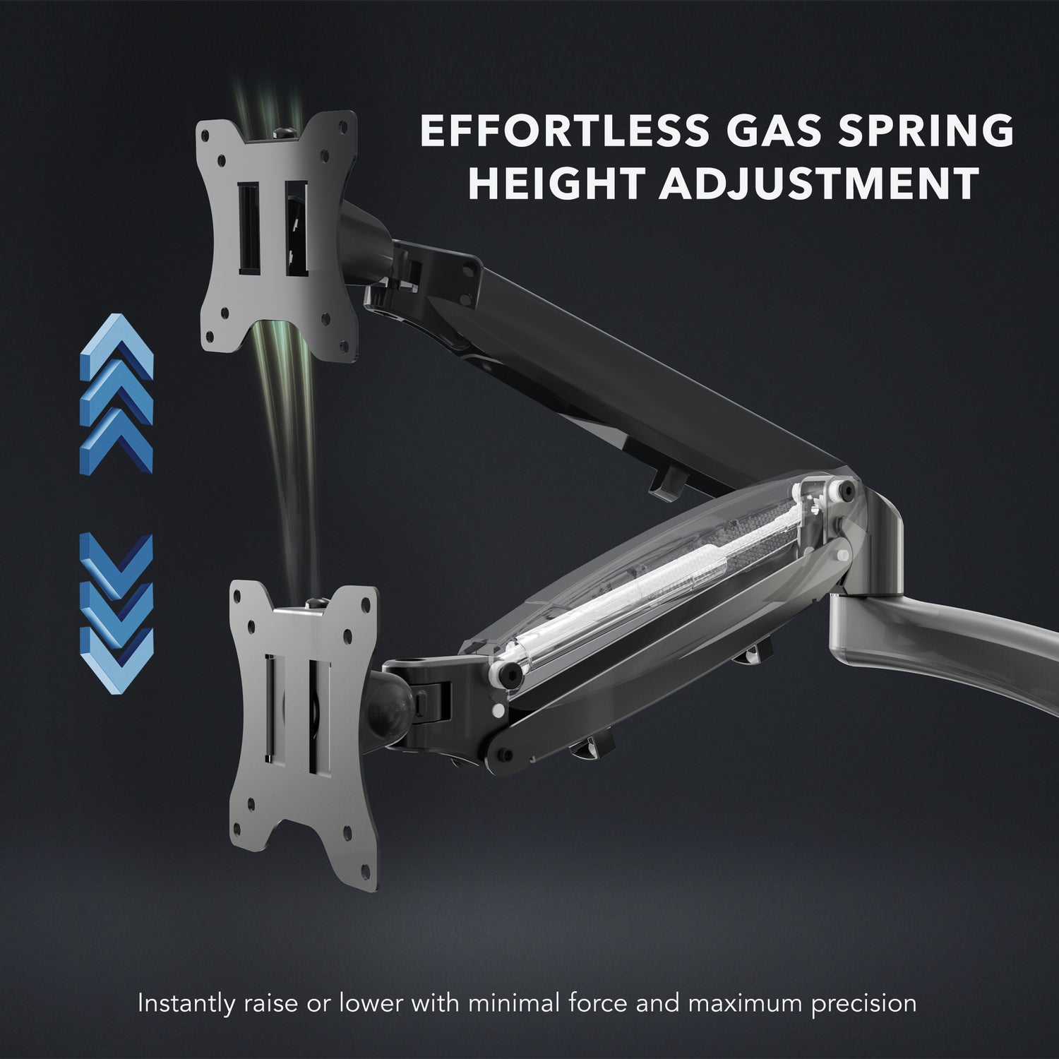 Close-up view of the Triple Monitor Mount with Gas Spring Arms and USB Ports highlighting the effortless gas spring height adjustment feature, showing how the arms enable smooth raising or lowering of monitors with minimal force and precise control for ergonomic customization.