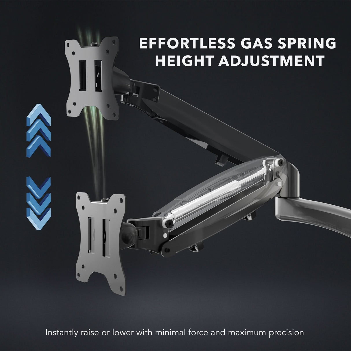 Close-up view of the Triple Monitor Mount with Gas Spring Arms and USB Ports highlighting the effortless gas spring height adjustment feature, showing how the arms enable smooth raising or lowering of monitors with minimal force and precise control for ergonomic customization.