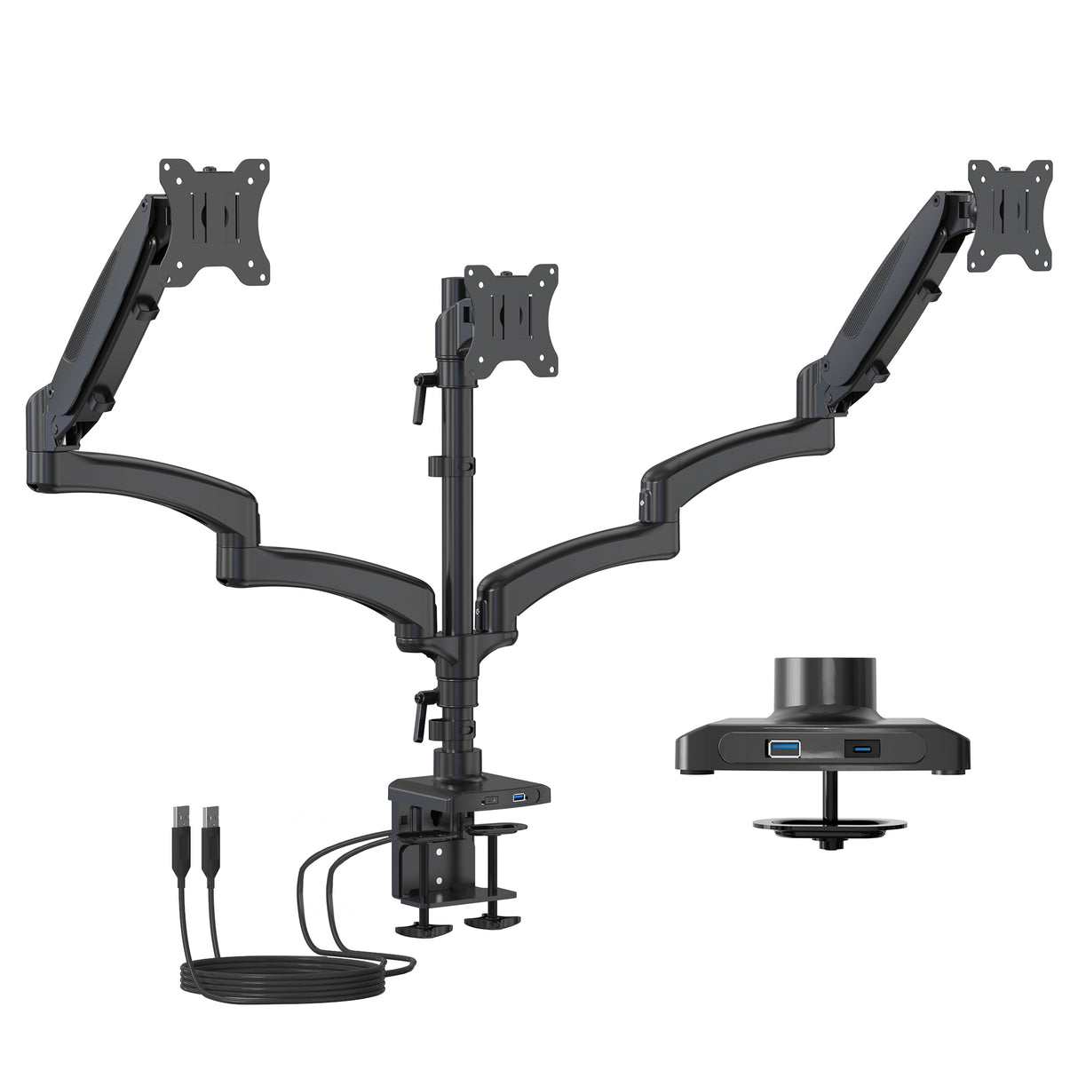 Triple Monitor Mount with Gas Spring Arms and USB Ports Triple Monitor Mount with Gas Spring Arms and USB Ports in black aluminum featuring three adjustable arms for monitors up to 32 inches, dual clamp and grommet installation options, integrated USB-A and USB-C ports for device charging, and gas spring mechanism for effortless height and angle adjustments designed for ergonomic workspace optimization.