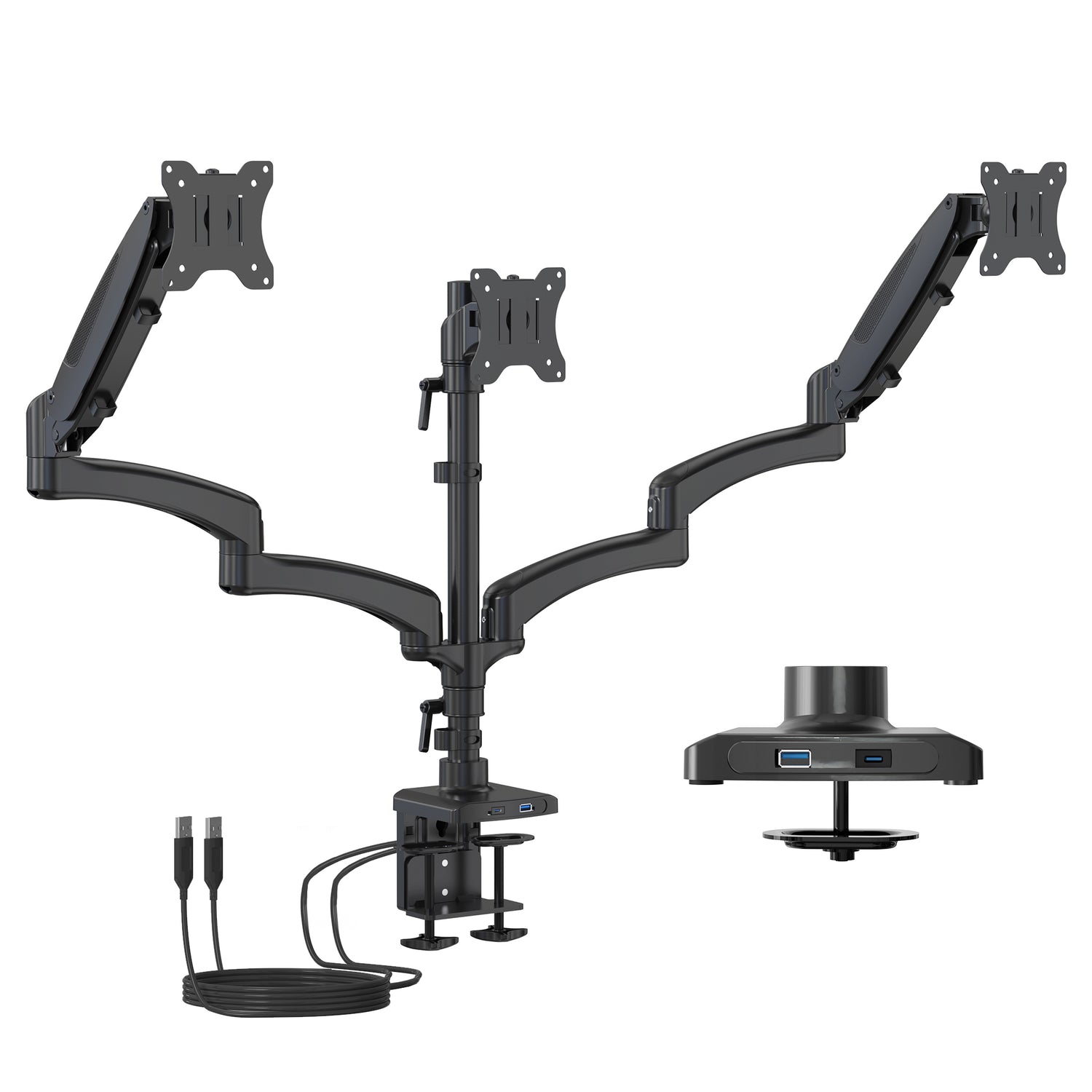 Triple Monitor Mount with Gas Spring Arms and USB Ports in black aluminum featuring three adjustable arms for monitors up to 32 inches, dual clamp and grommet installation options, integrated USB-A and USB-C ports for device charging, and gas spring mechanism for effortless height and angle adjustments designed for ergonomic workspace optimization.