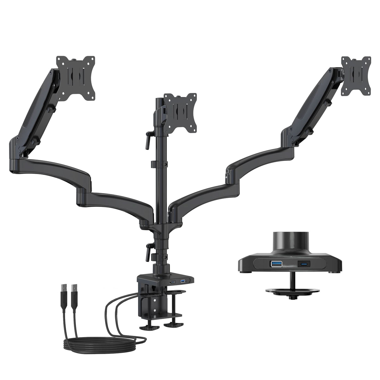 Triple Monitor Mount with Gas Spring Arms and USB Ports in black aluminum featuring three adjustable arms for monitors up to 32 inches, dual clamp and grommet installation options, integrated USB-A and USB-C ports for device charging, and gas spring mechanism for effortless height and angle adjustments designed for ergonomic workspace optimization.